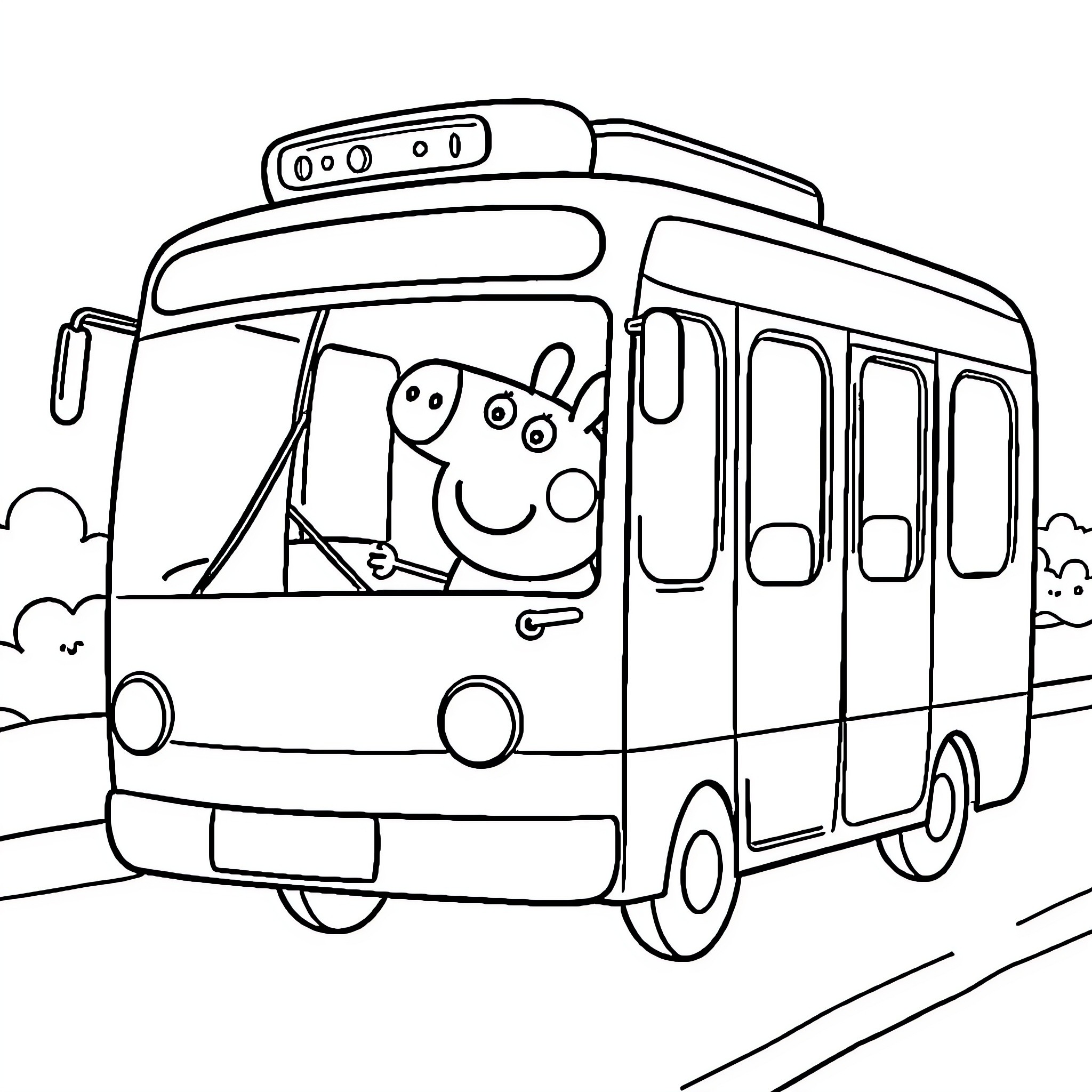 Peppa Pig riding a bus through the city Coloring Page (free black-and-white line drawing printable PDF for all, from beginners to advanced learners, including children, teens, adults, and seniors)
