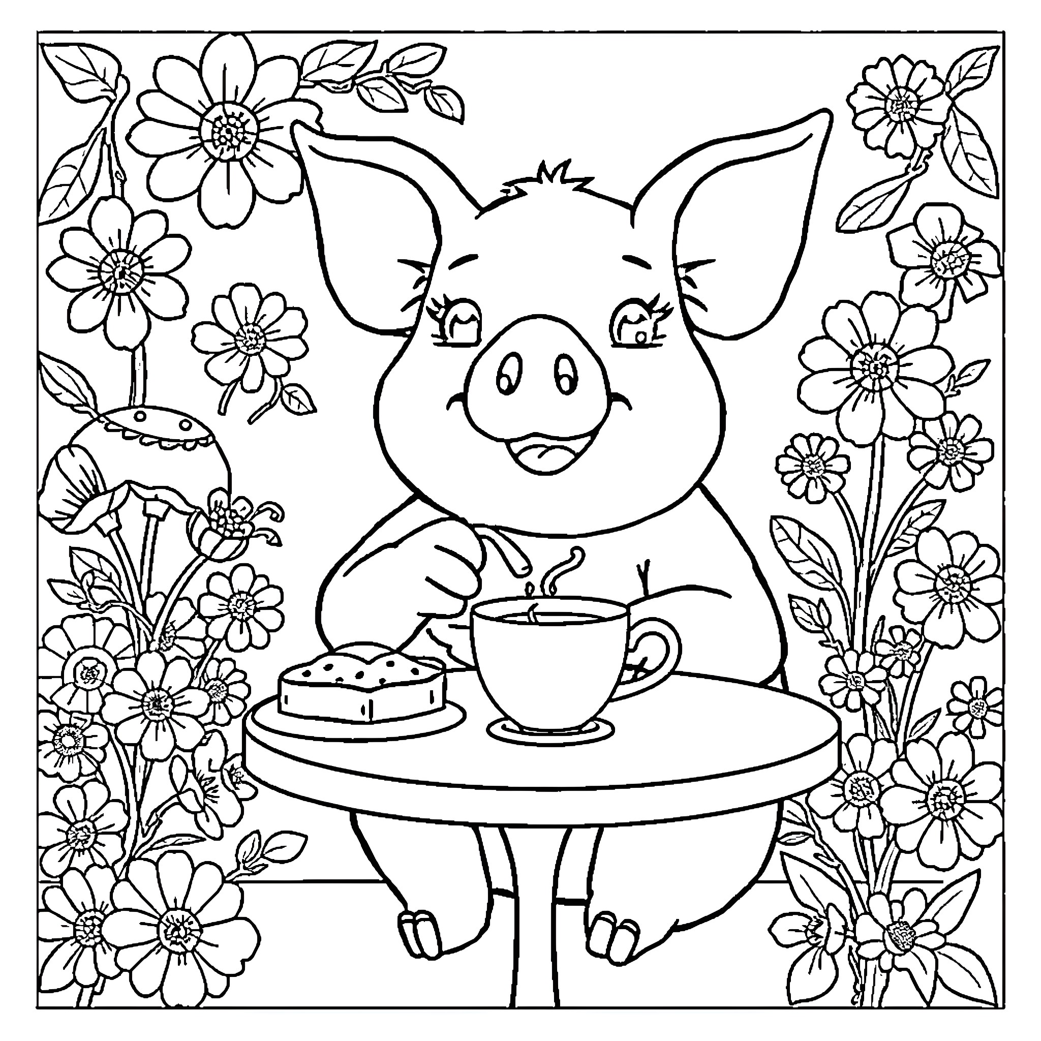 Pig enjoying a cozy tea party with flowers Coloring Page (free black-and-white line drawing printable PDF for all, from beginners to advanced learners, including children, teens, adults, and seniors)