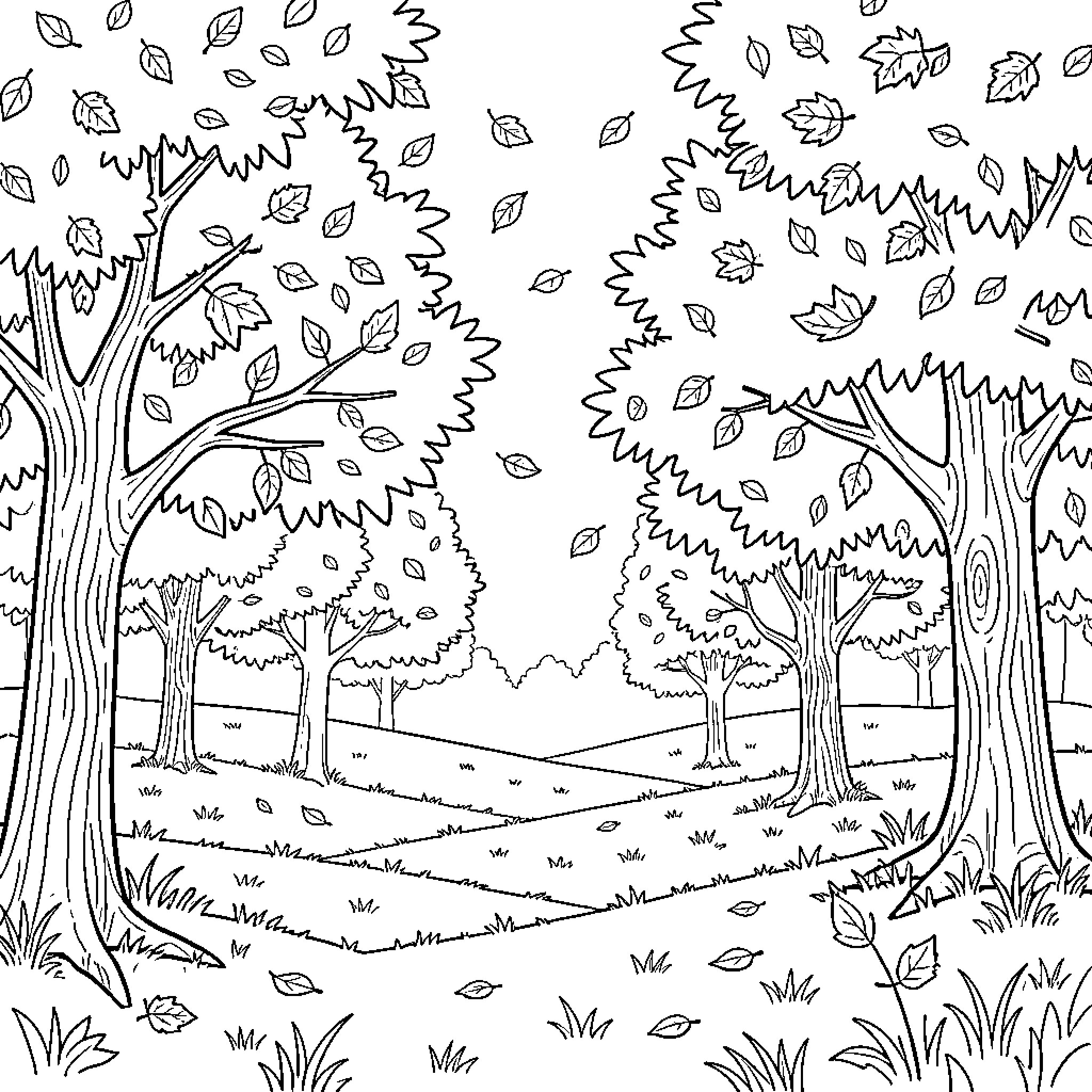 Autumn leaves falling through a peaceful forest scene Coloring Page (free black-and-white line drawing printable PDF for all, from beginners to advanced learners, including children, teens, adults, and seniors)