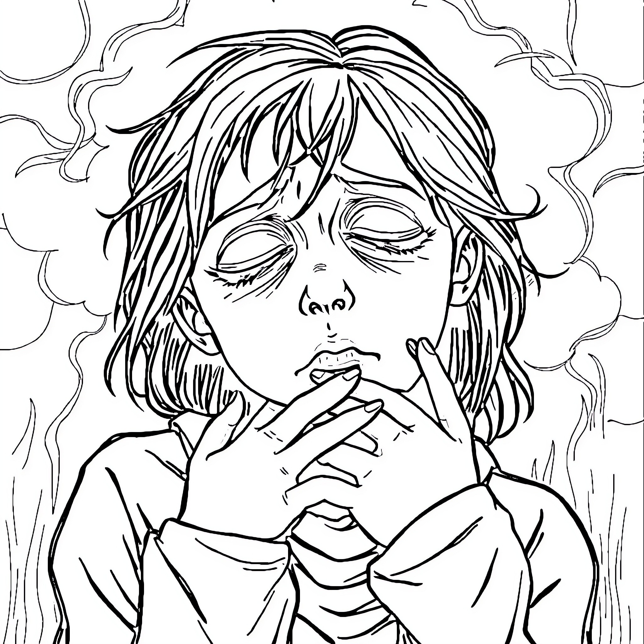 Remorse of a Troubled Soul Coloring Page (free black-and-white line drawing printable PDF for all, from beginners to advanced learners, including children, teens, adults, and seniors)