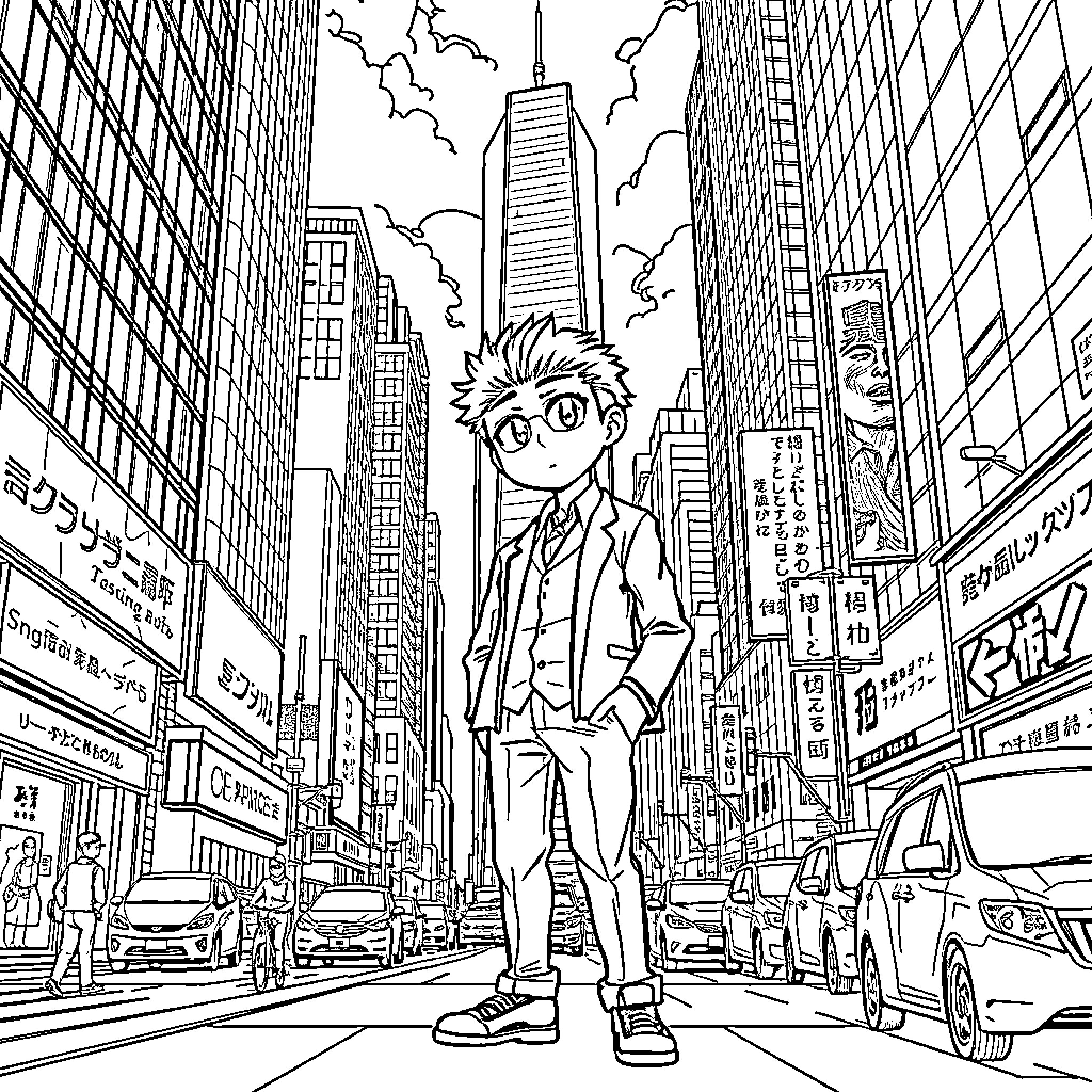 Tanjiro Explores the Bustling City Streets Coloring Page (free black-and-white line drawing printable PDF for all, from beginners to advanced learners, including children, teens, adults, and seniors)