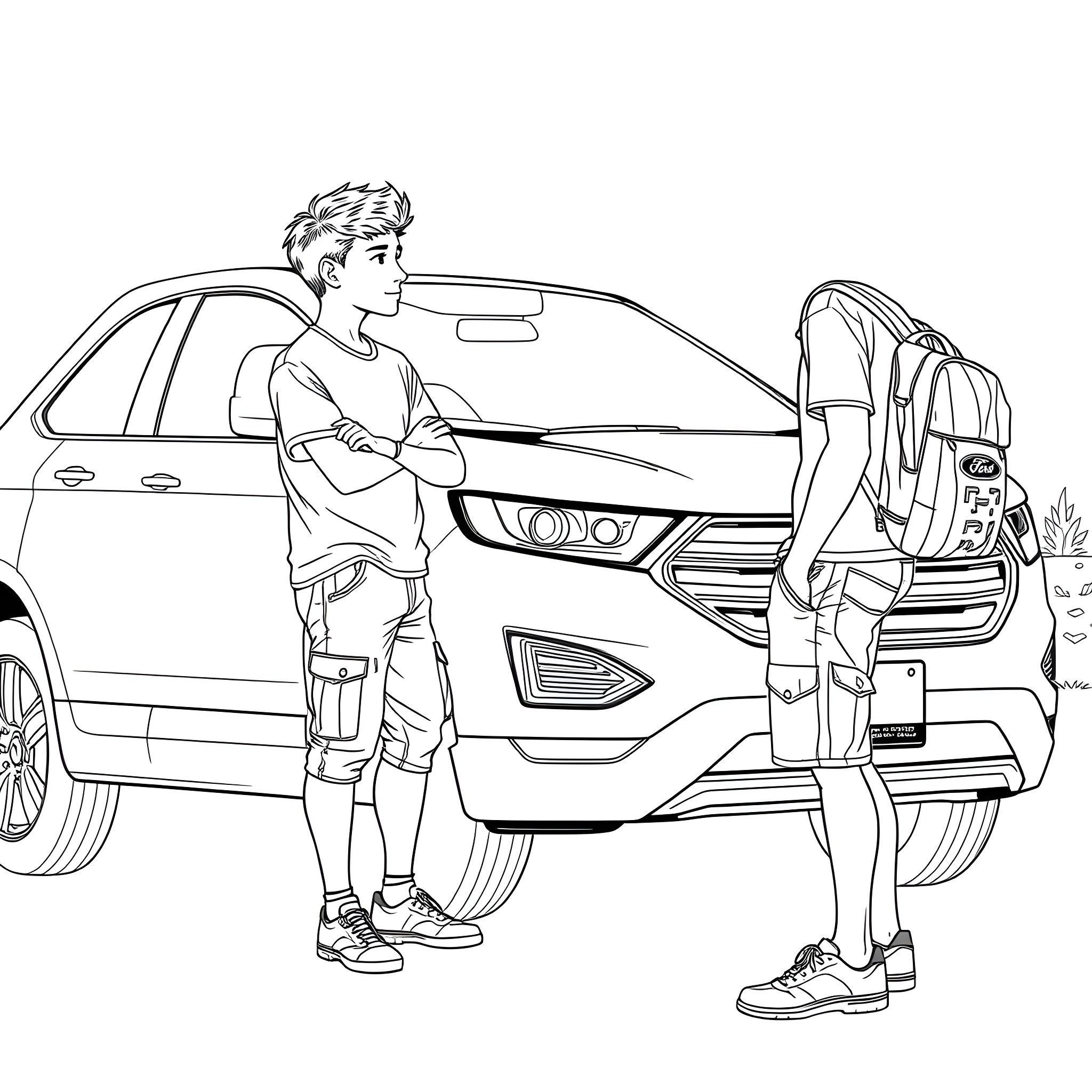 Teen Guy Checking out Car with Friend Coloring Page (free black-and-white line drawing printable PDF for all, from beginners to advanced learners, including children, teens, adults, and seniors)