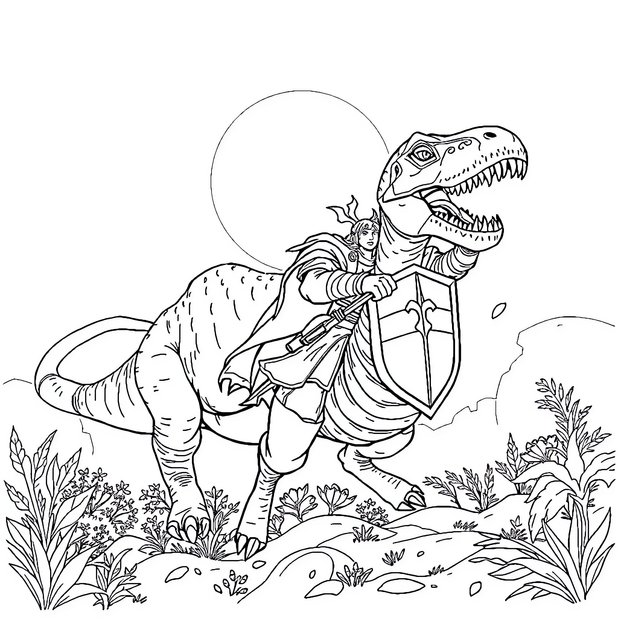 Knight riding a fierce dinosaur in the wilderness Coloring Page (free black-and-white line drawing printable PDF for all, from beginners to advanced learners, including children, teens, adults, and seniors)