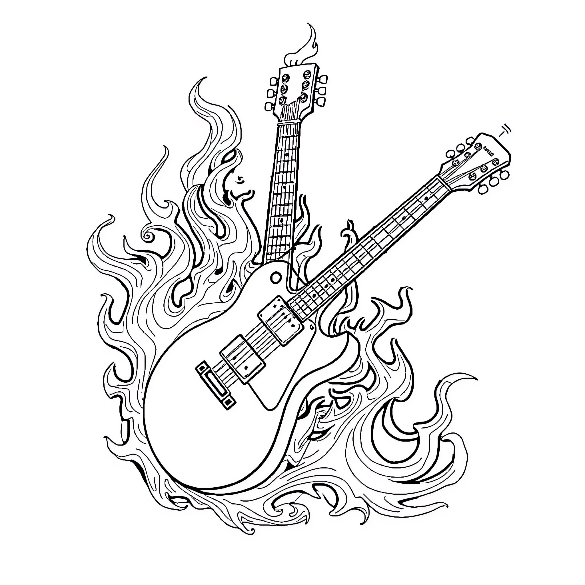 Guitar in Flames and Fire Coloring Page (free black-and-white line drawing printable PDF for all, from beginners to advanced learners, including children, teens, adults, and seniors)