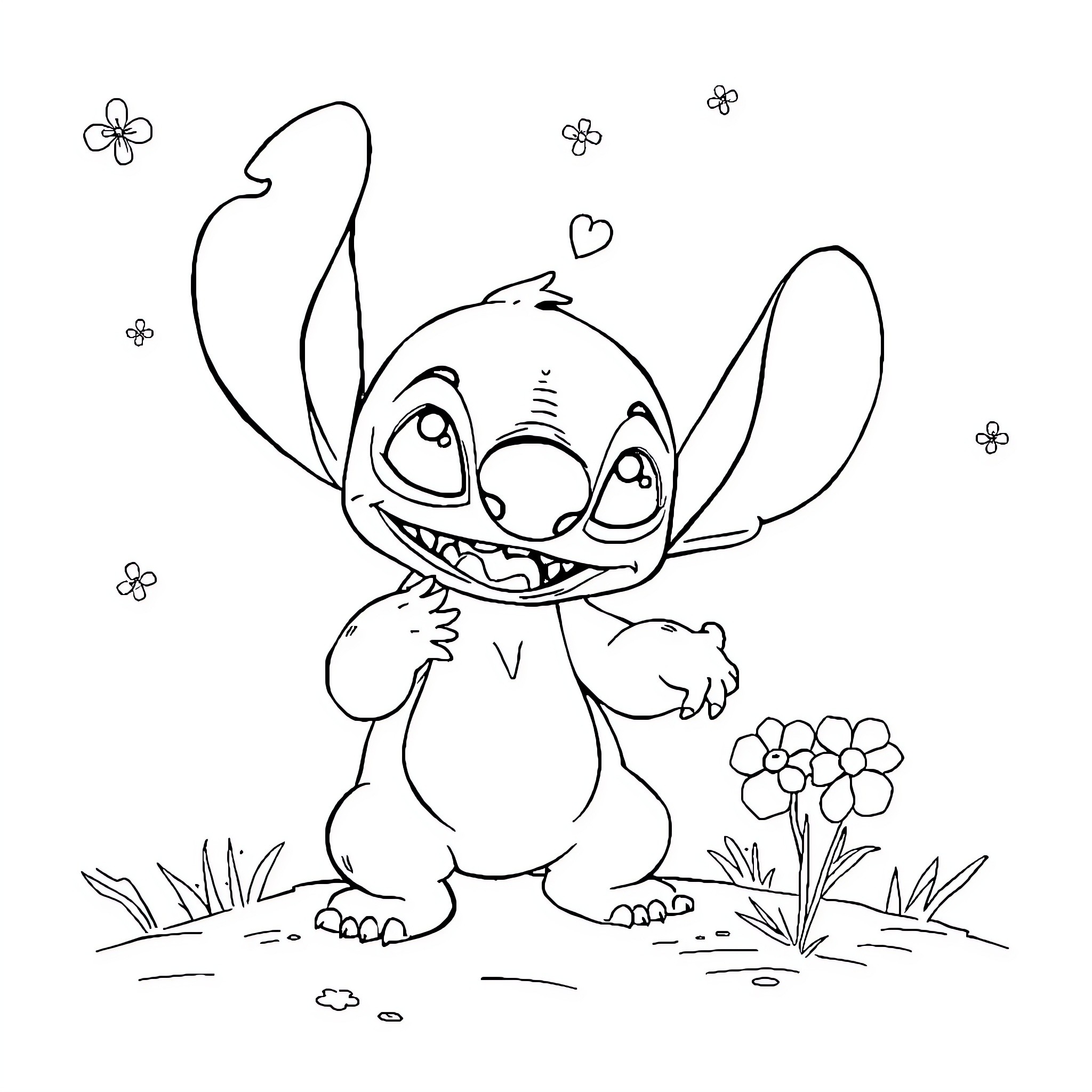 Stitch playing joyfully in a natural setting Coloring Page (free black-and-white line drawing printable PDF for all, from beginners to advanced learners, including children, teens, adults, and seniors)