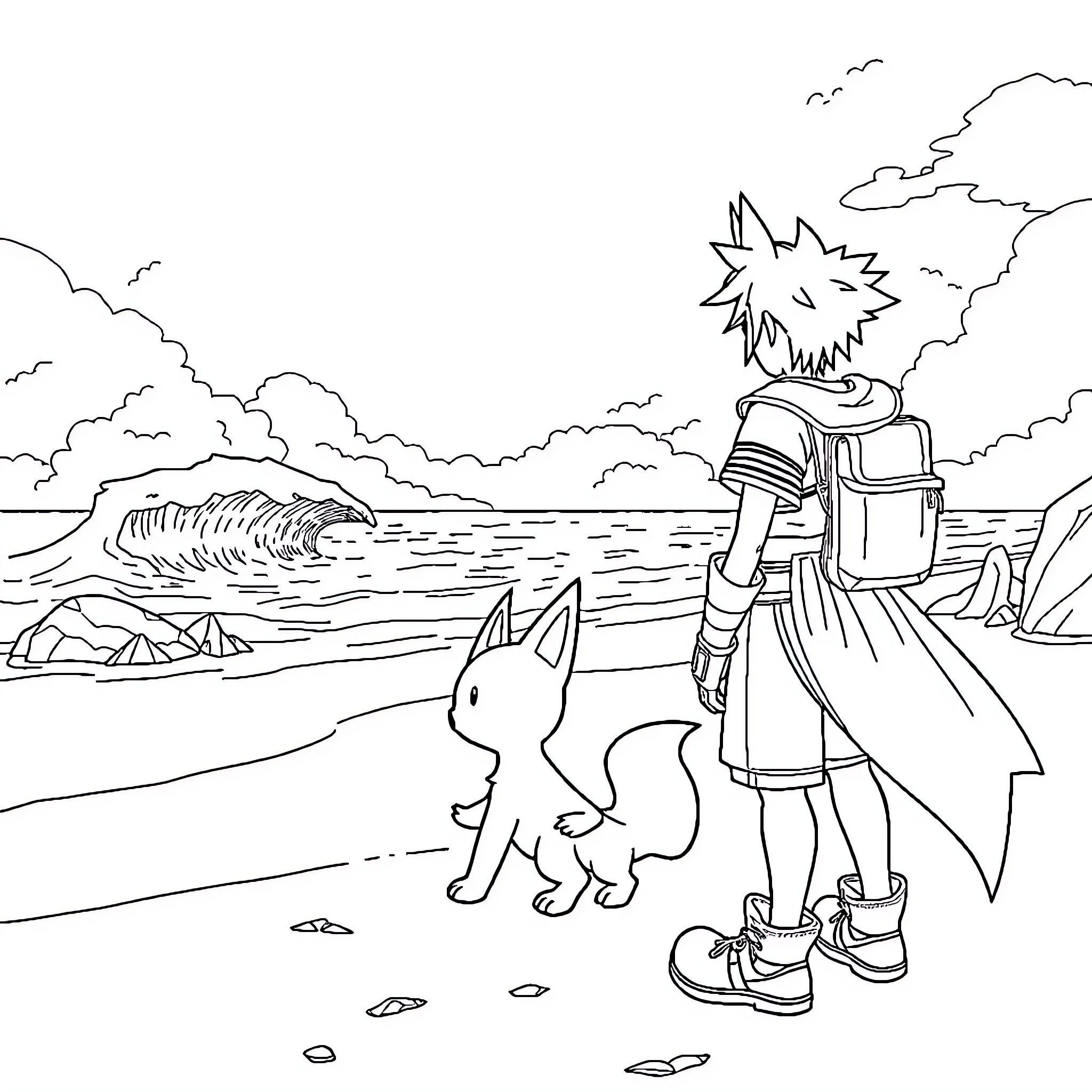 Sora explores the shoreline with a companion Coloring Page (free black-and-white line drawing printable PDF for all, from beginners to advanced learners, including children, teens, adults, and seniors)