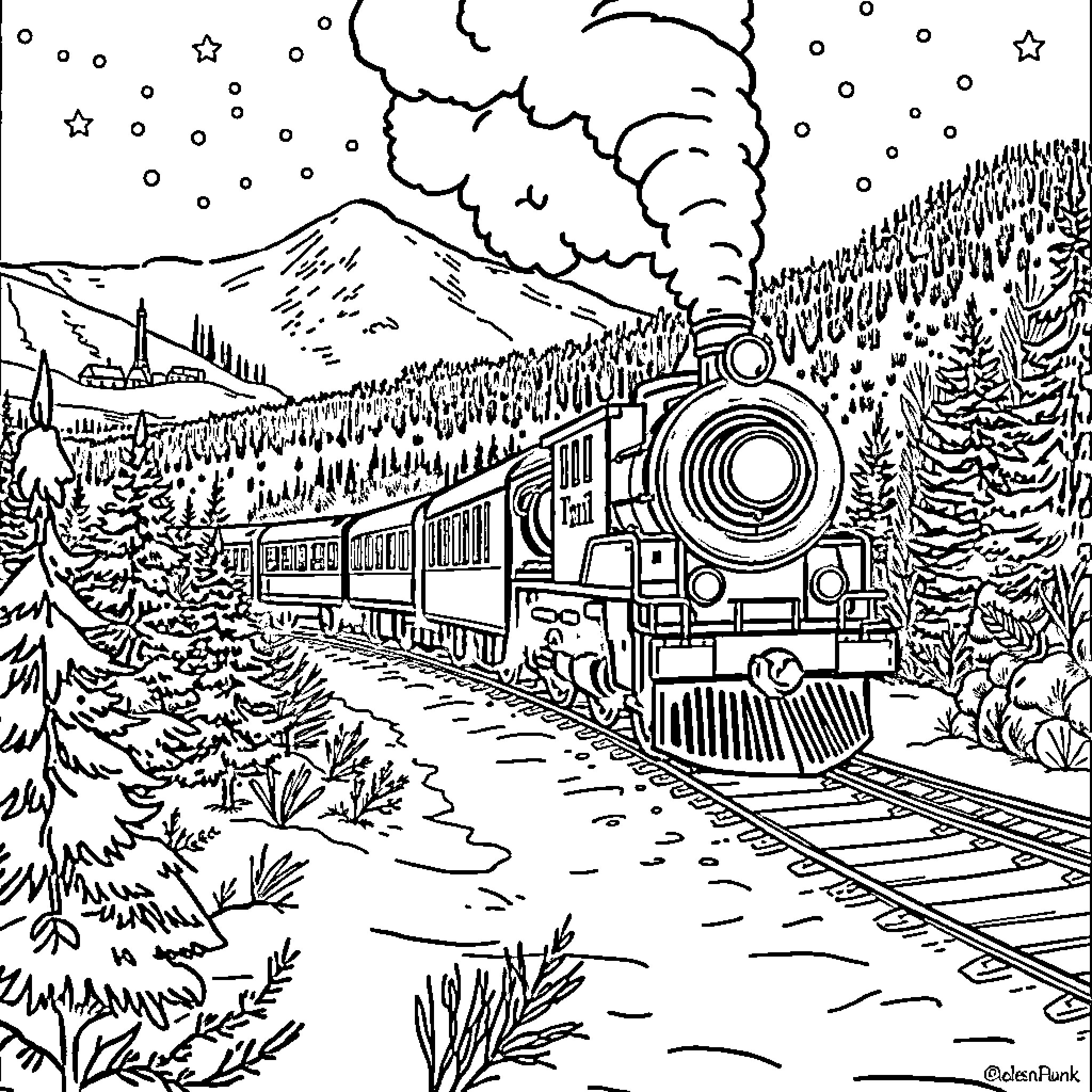 Polar Express Train Journeying through Snowy Landscape Coloring Page (free black-and-white line drawing printable PDF for all, from beginners to advanced learners, including children, teens, adults, and seniors)