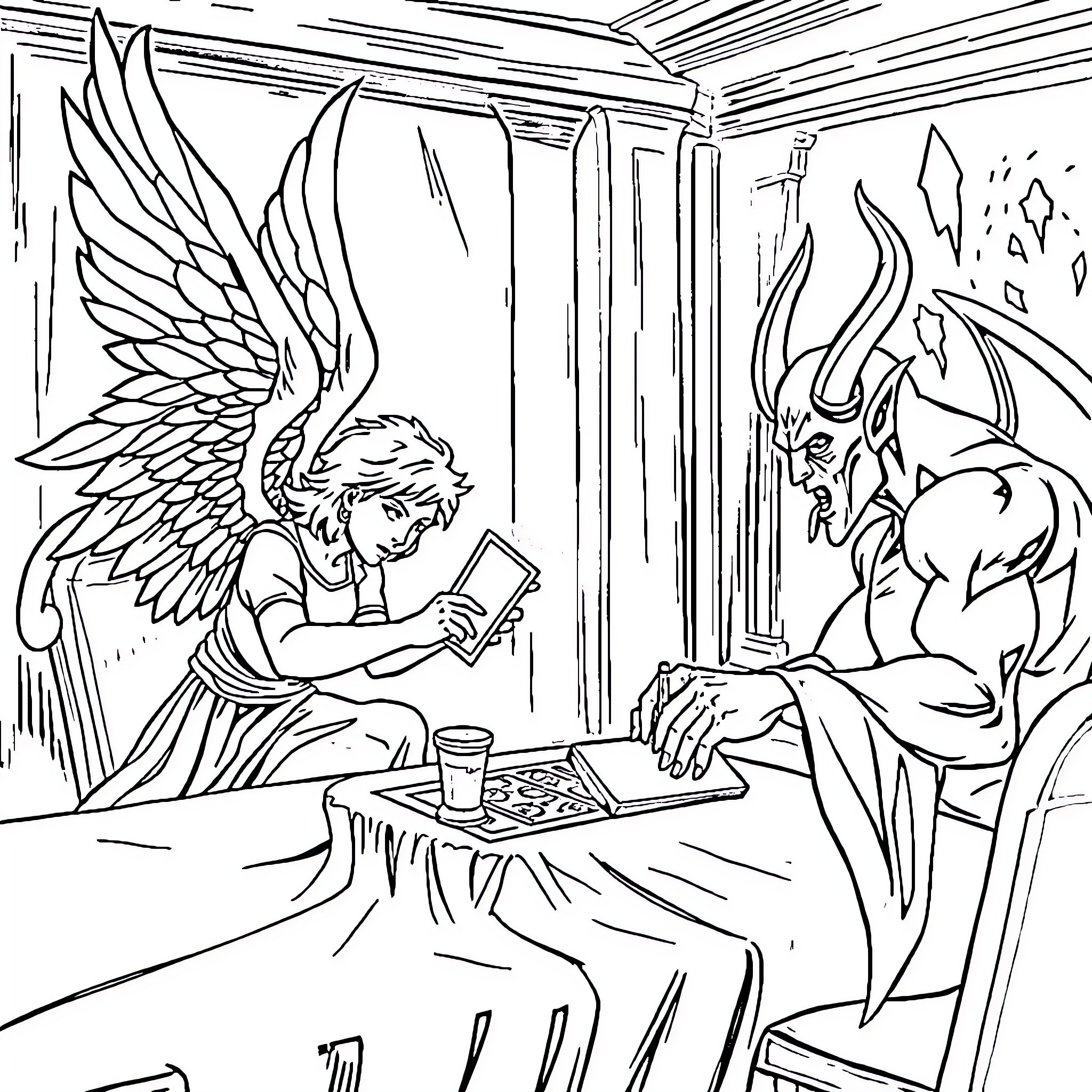 Angel and Demon Engage in Friendly Chess Match Coloring Page (free black-and-white line drawing printable PDF for all, from beginners to advanced learners, including children, teens, adults, and seniors)