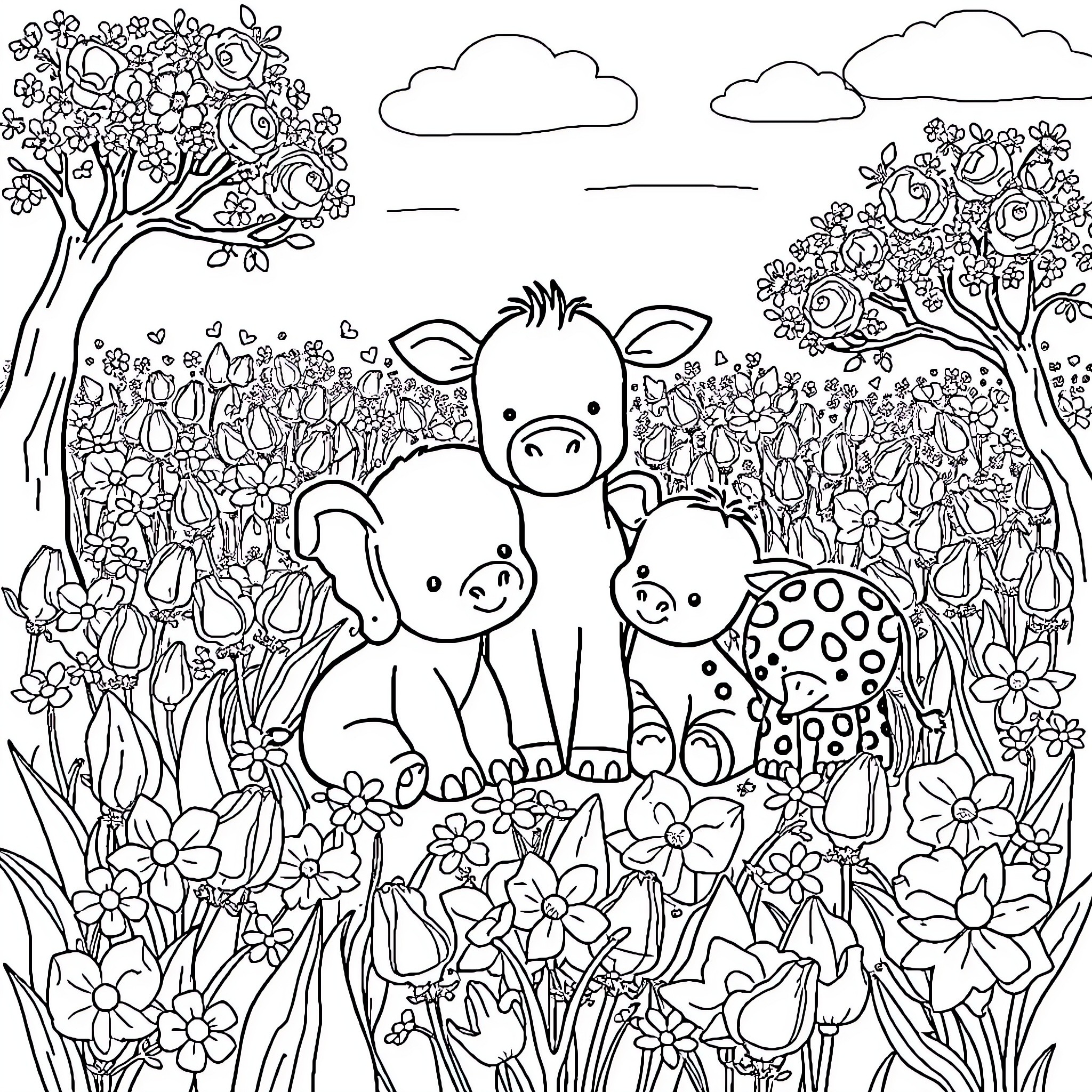 African Animal Baby Enjoying Vibrant Meadow with Friends Coloring Page (free black-and-white line drawing printable PDF for all, from beginners to advanced learners, including children, teens, adults, and seniors)