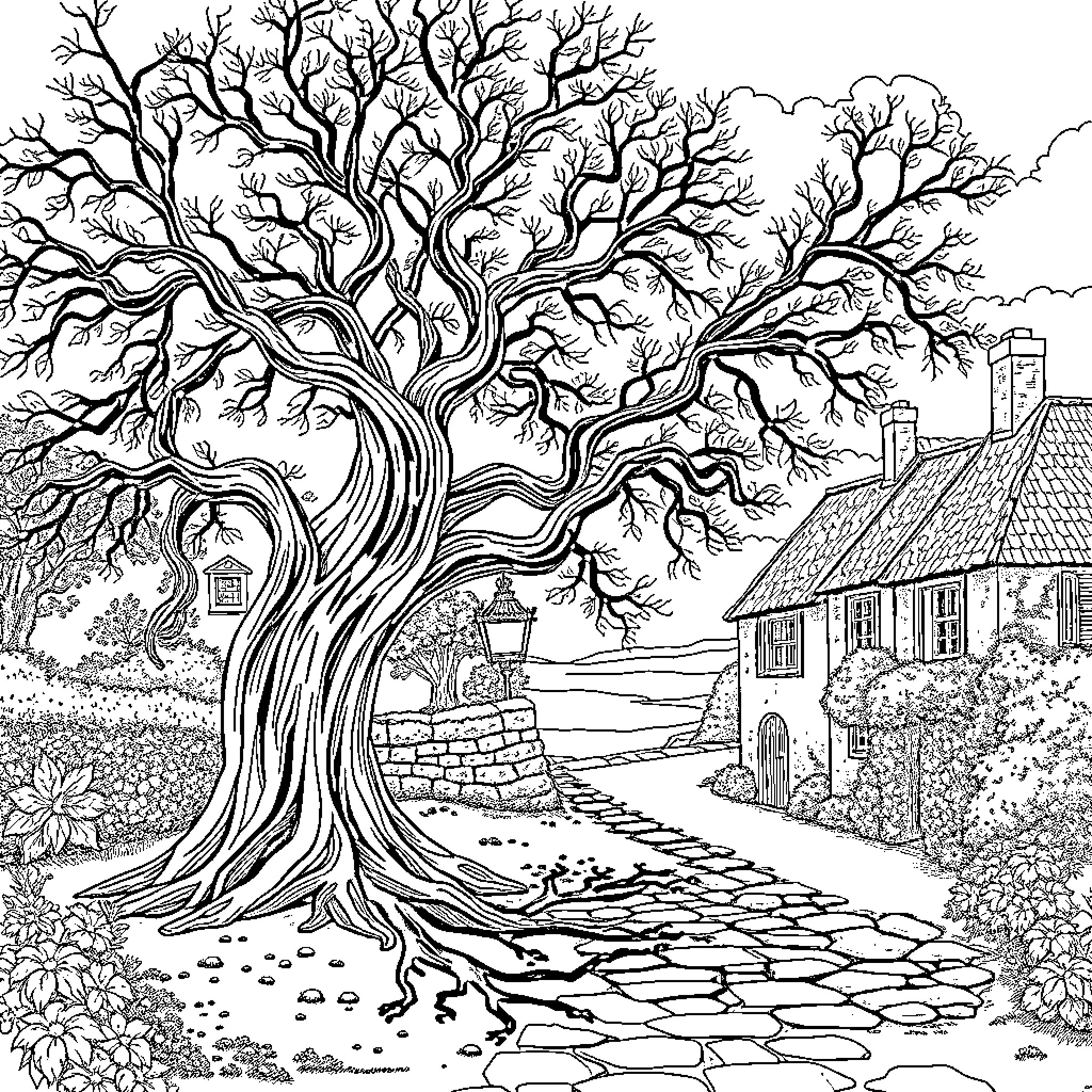 Fionnbarra's Enchanted Path Through the Twisted Tree Coloring Page (free black-and-white line drawing printable PDF for all, from beginners to advanced learners, including children, teens, adults, and seniors)