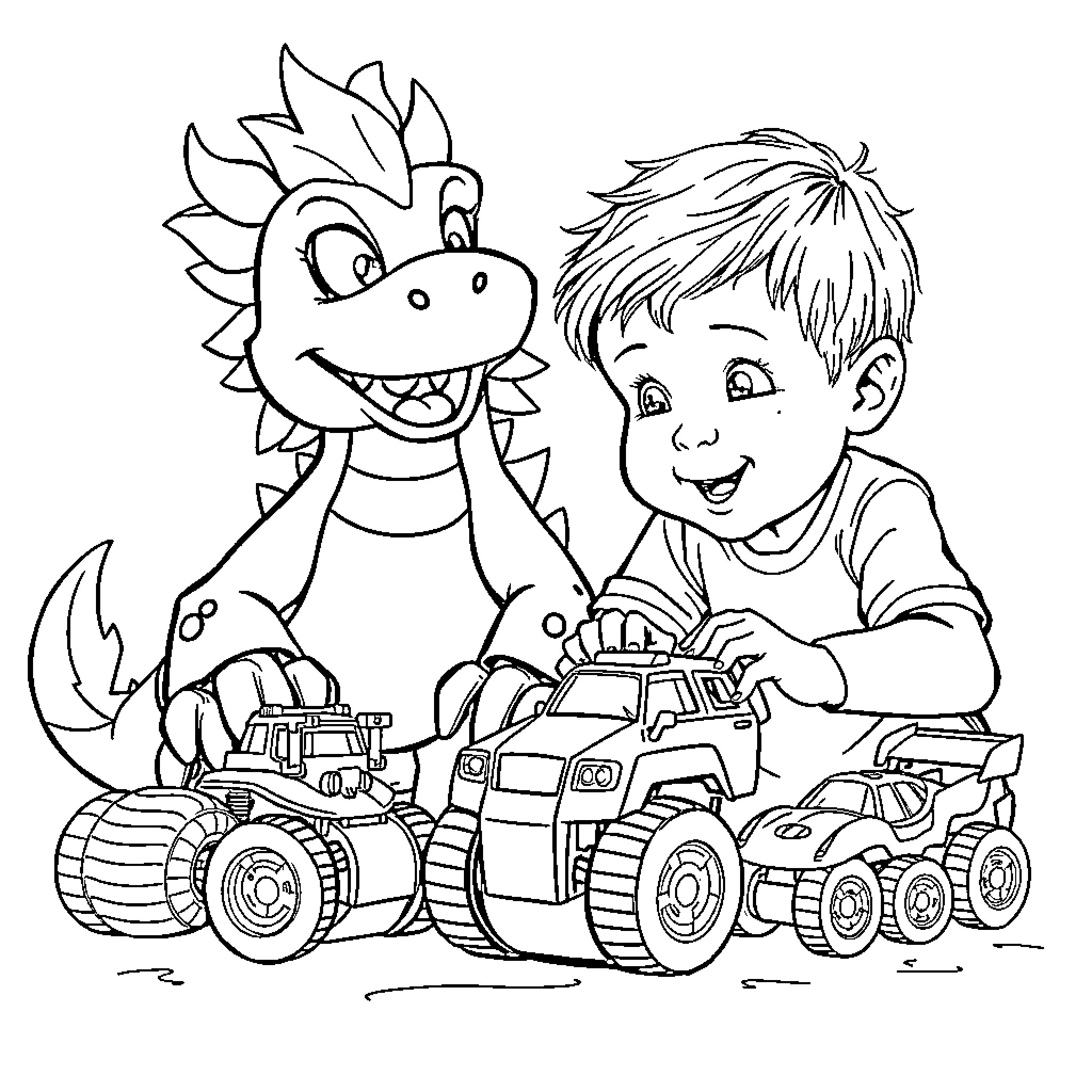 Thunderfoot's Toy Truck Adventure Coloring Page (free black-and-white line drawing printable PDF for all, from beginners to advanced learners, including children, teens, adults, and seniors)