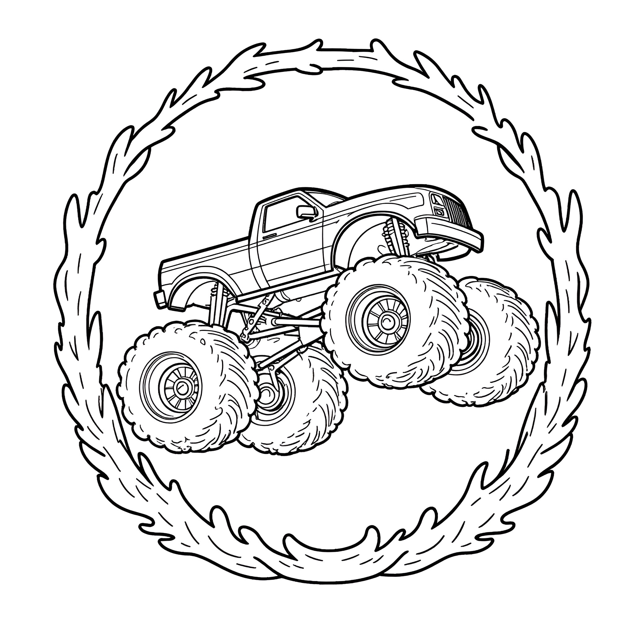 Monster Truck Crushing Obstacles Coloring Page (free black-and-white line drawing printable PDF for all, from beginners to advanced learners, including children, teens, adults, and seniors)