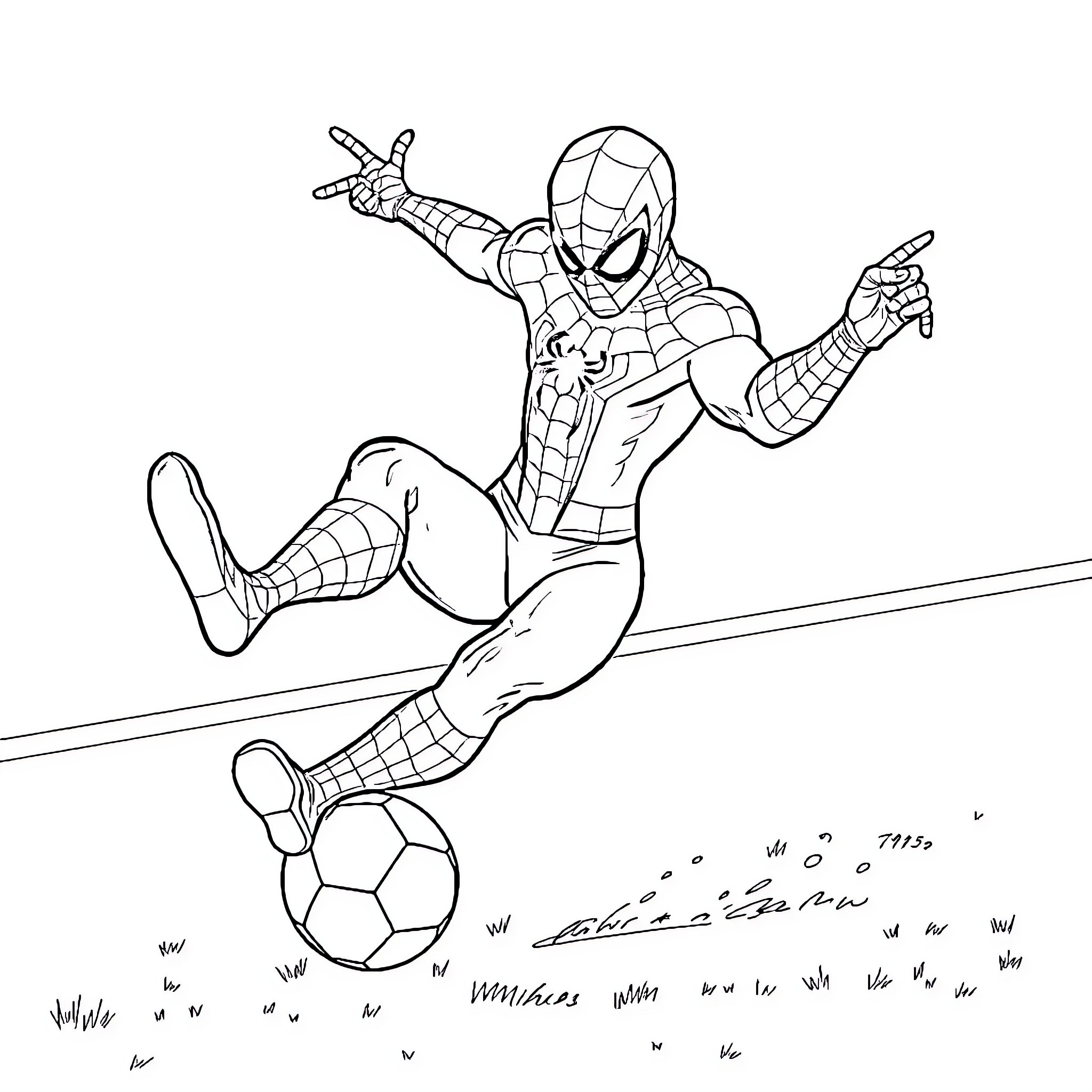 Spiderman playing with a soccer ball Coloring Page (free black-and-white line drawing printable PDF for all, from beginners to advanced learners, including children, teens, adults, and seniors)
