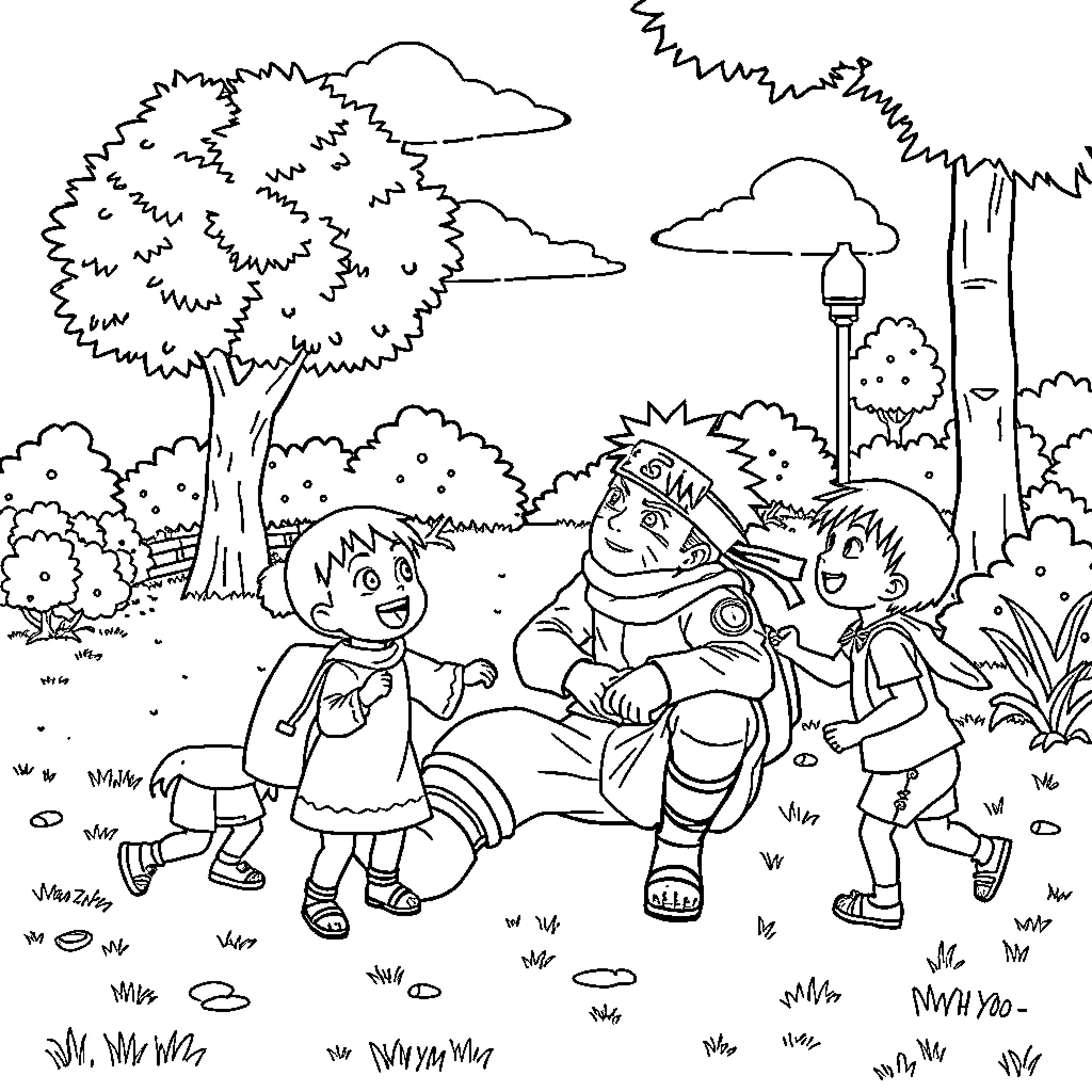 Naruto characters enjoying a day outdoors Coloring Page (free black-and-white line drawing printable PDF for all, from beginners to advanced learners, including children, teens, adults, and seniors)