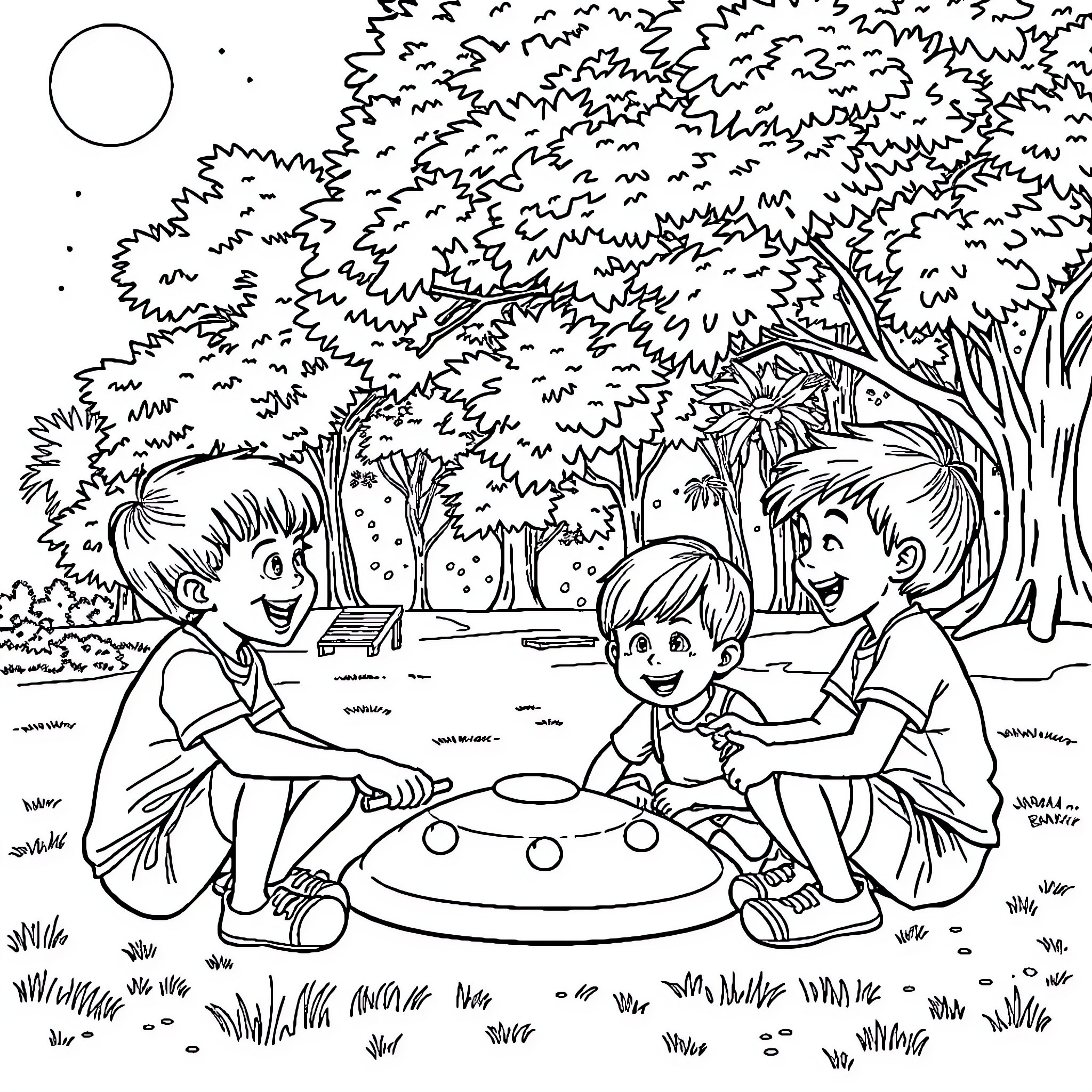 Children playing with a flying disk in the park Coloring Page (free black-and-white line drawing printable PDF for all, from beginners to advanced learners, including children, teens, adults, and seniors)