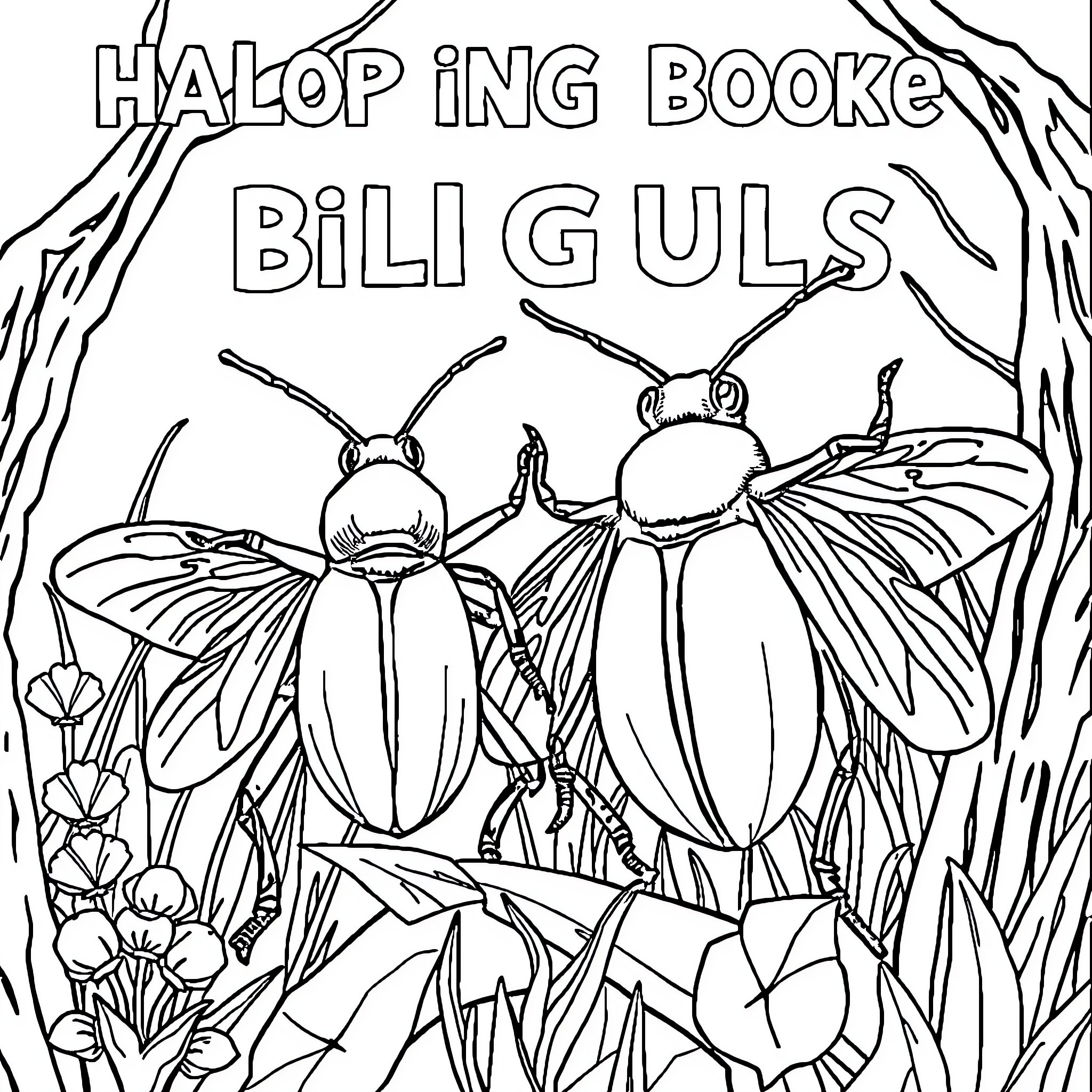 Bug friends having an adventure in nature Coloring Page (free black-and-white line drawing printable PDF for all, from beginners to advanced learners, including children, teens, adults, and seniors)