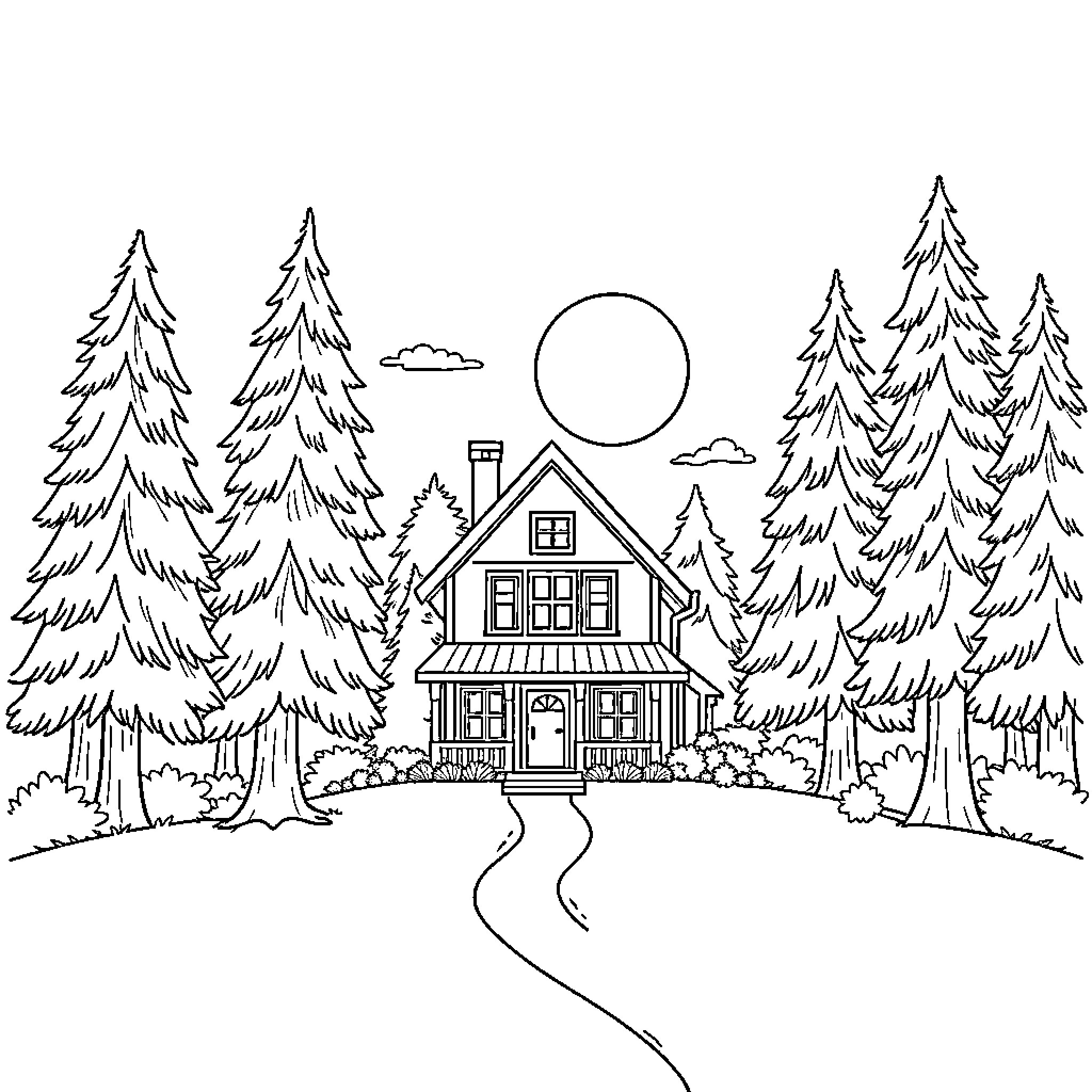 House in a Cozy Forest Landscape Coloring Page (free black-and-white line drawing printable PDF for all, from beginners to advanced learners, including children, teens, adults, and seniors)