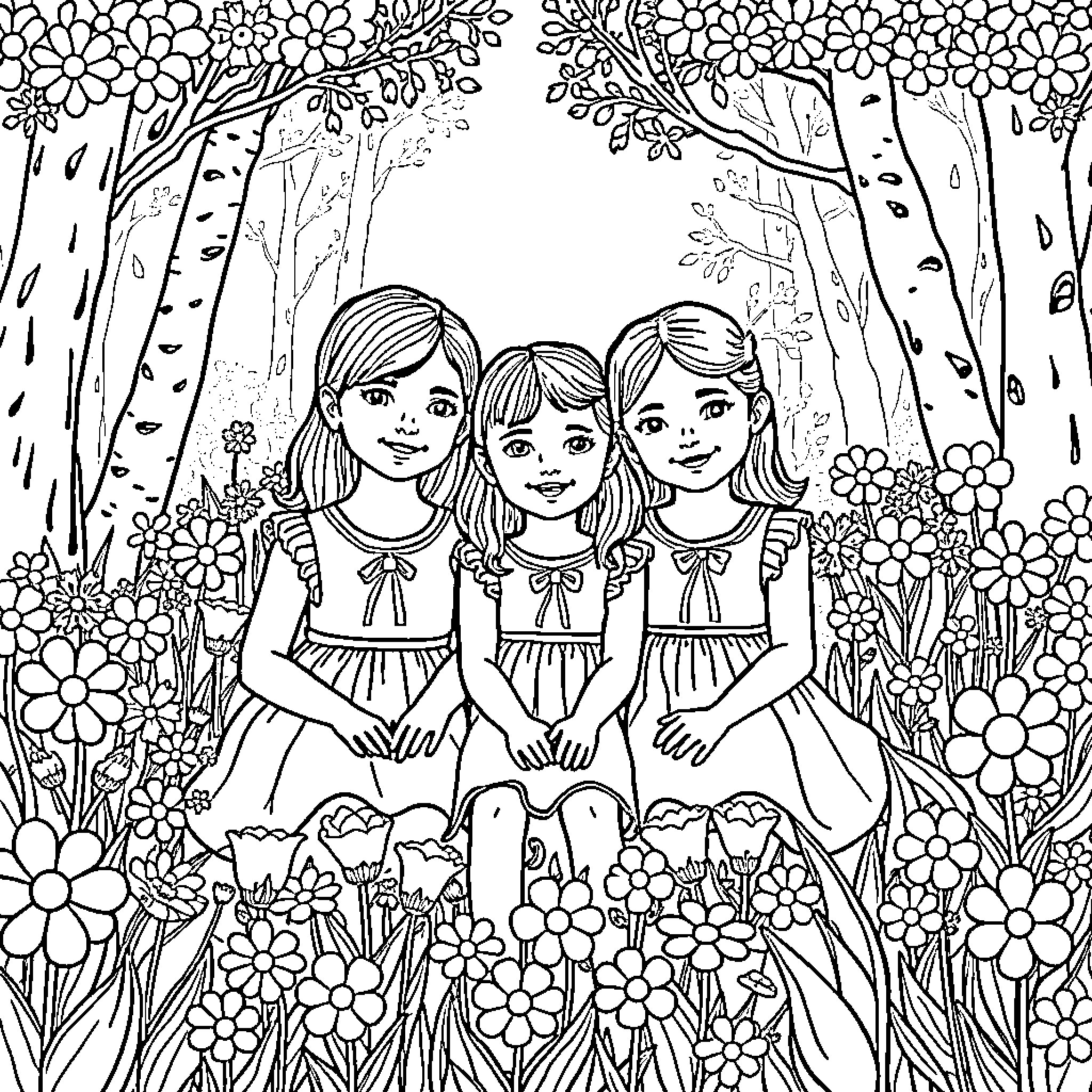Twin sisters in flower-filled forest Coloring Page (free black-and-white line drawing printable PDF for all, from beginners to advanced learners, including children, teens, adults, and seniors)