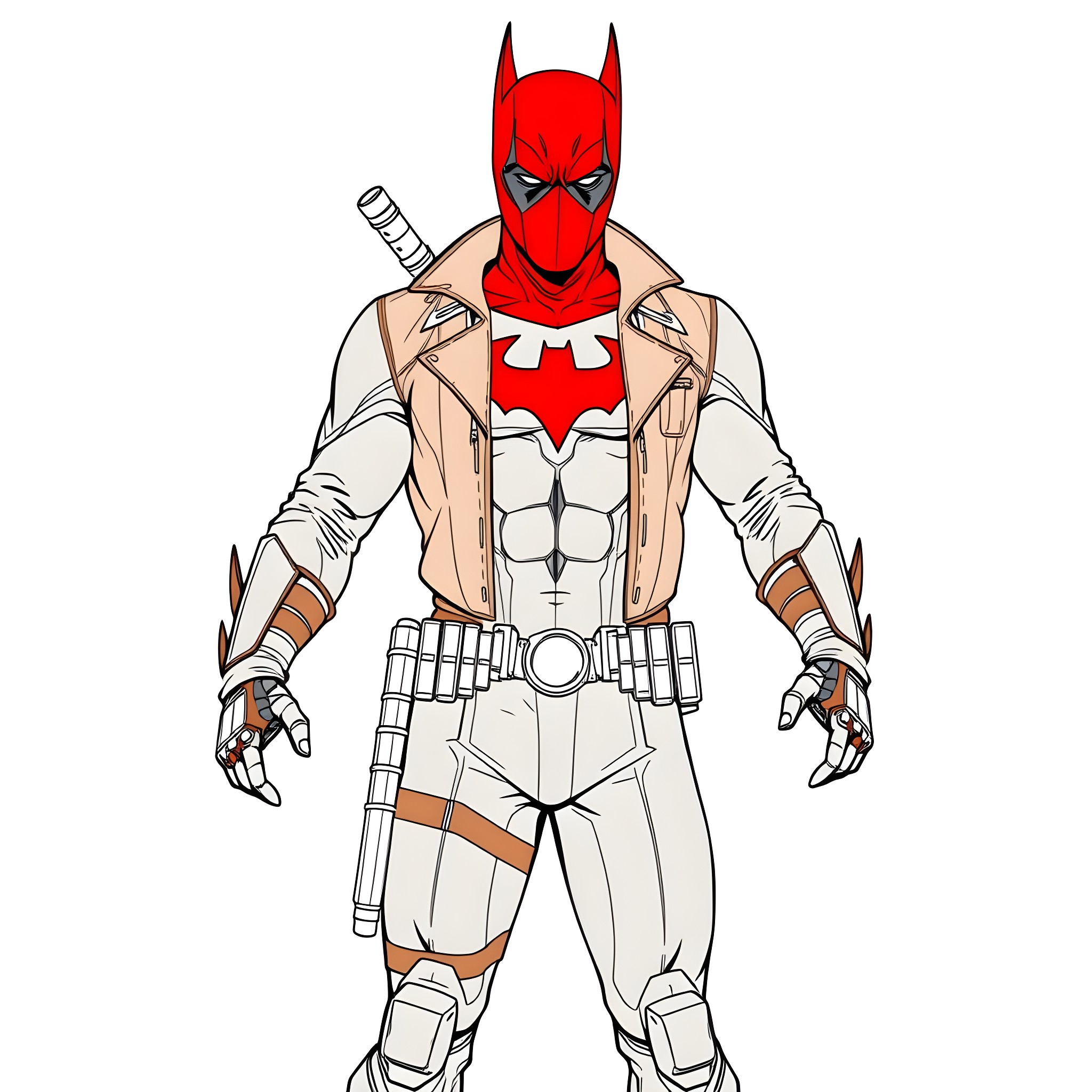 Red Hood in action-packed superhero pose Coloring Page (free black-and-white line drawing printable PDF for all, from beginners to advanced learners, including children, teens, adults, and seniors)