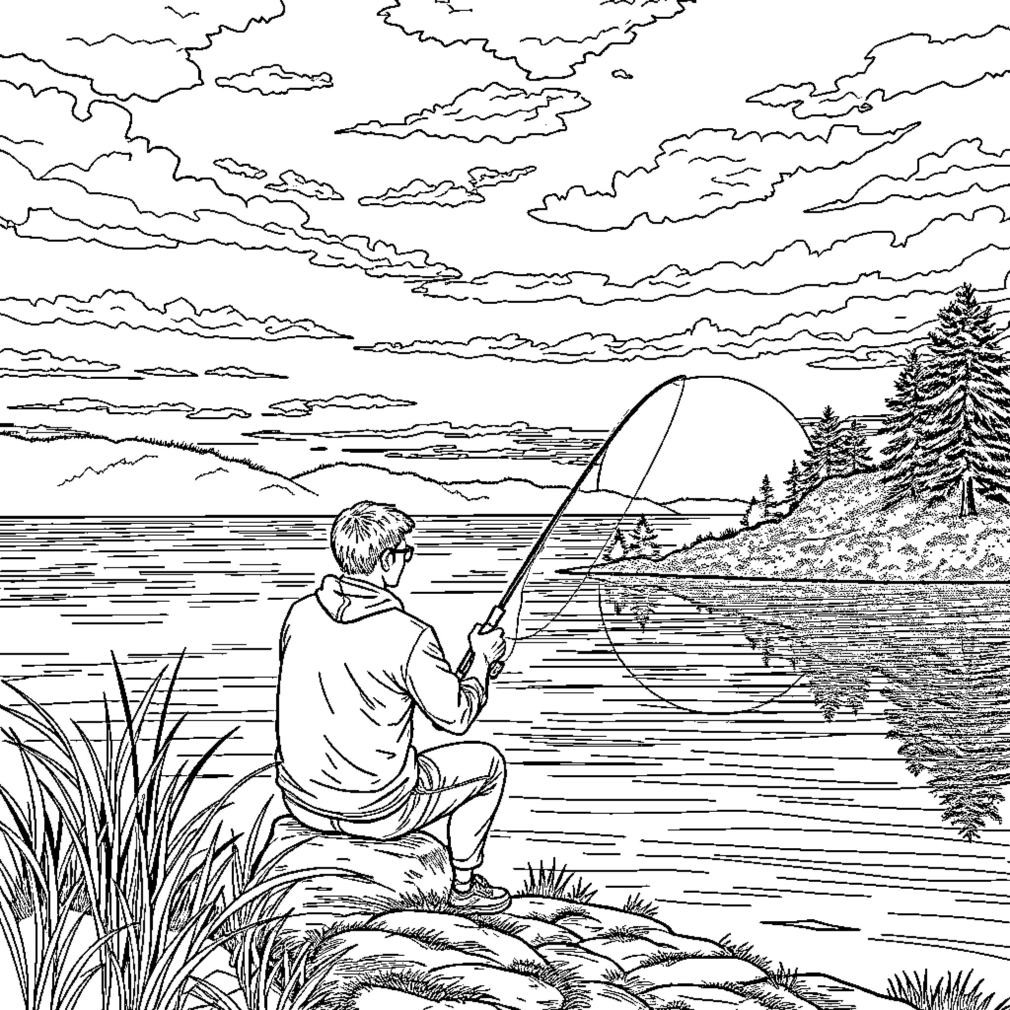 Fisherman casting a line by the lakeside Coloring Page (free black-and-white line drawing printable PDF for all, from beginners to advanced learners, including children, teens, adults, and seniors)