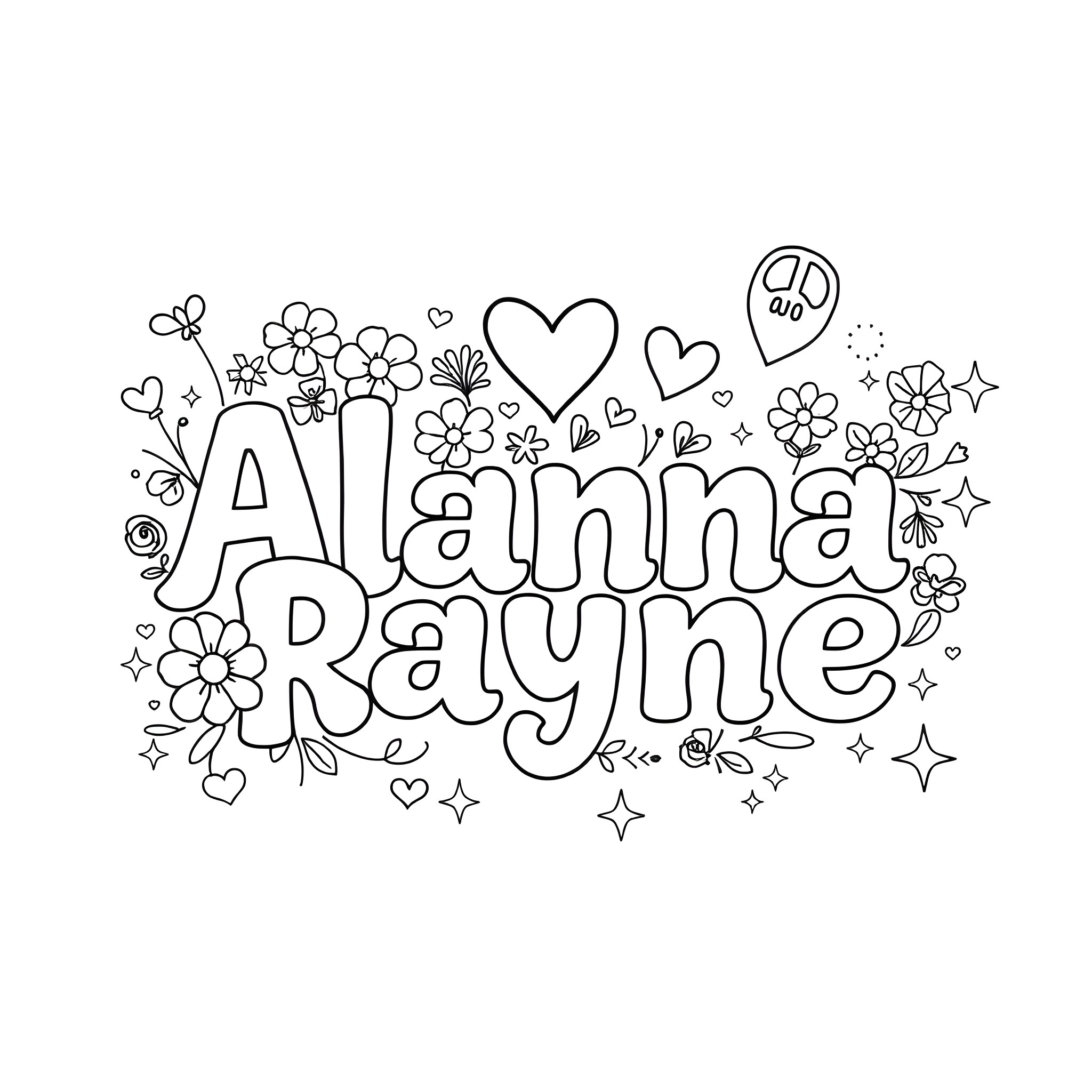 Font with Flowers and Hearts Coloring Page (free black-and-white line drawing printable PDF for all, from beginners to advanced learners, including children, teens, adults, and seniors)