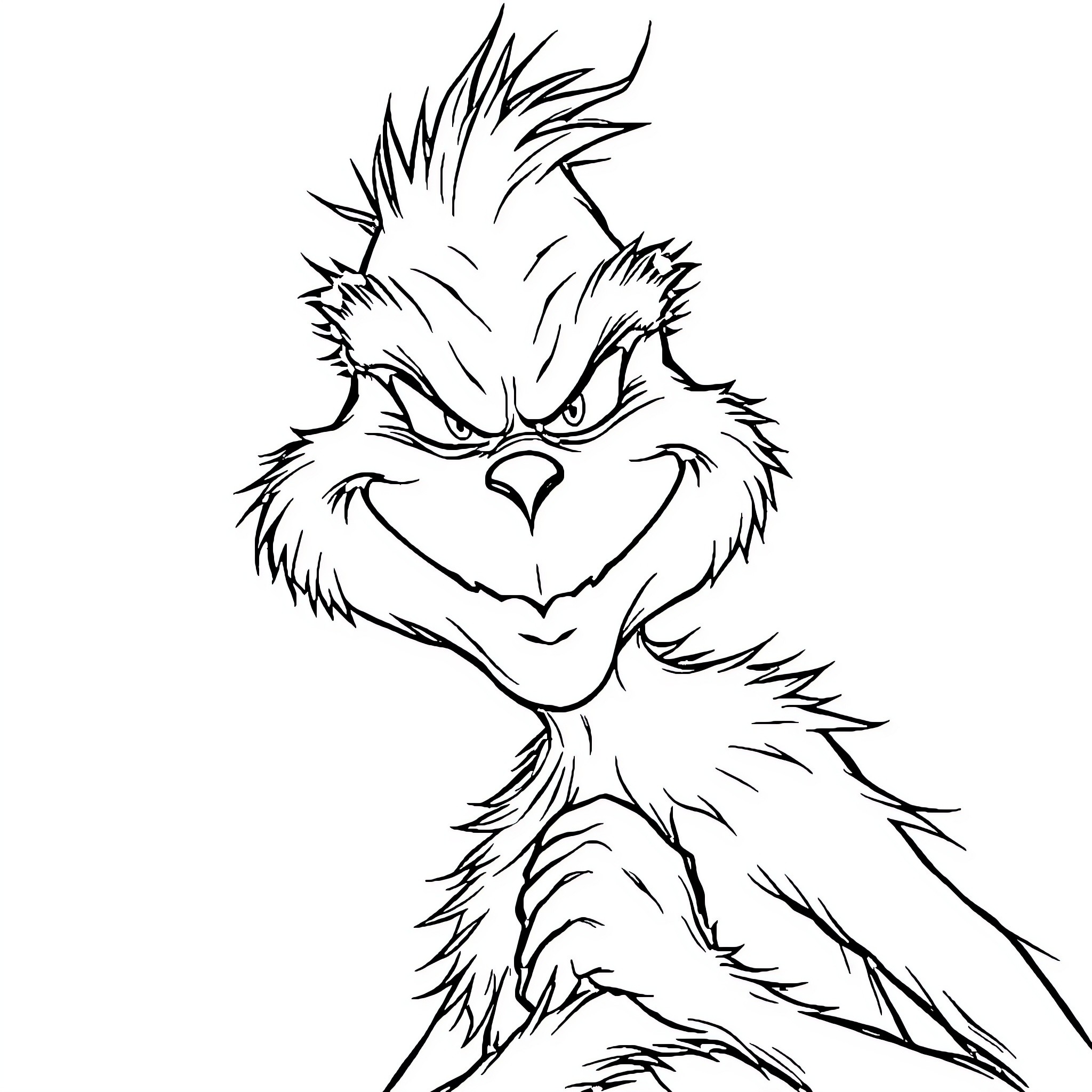 Grinch's Mischievous Grin Coloring Page (free black-and-white line drawing printable PDF for all, from beginners to advanced learners, including children, teens, adults, and seniors)