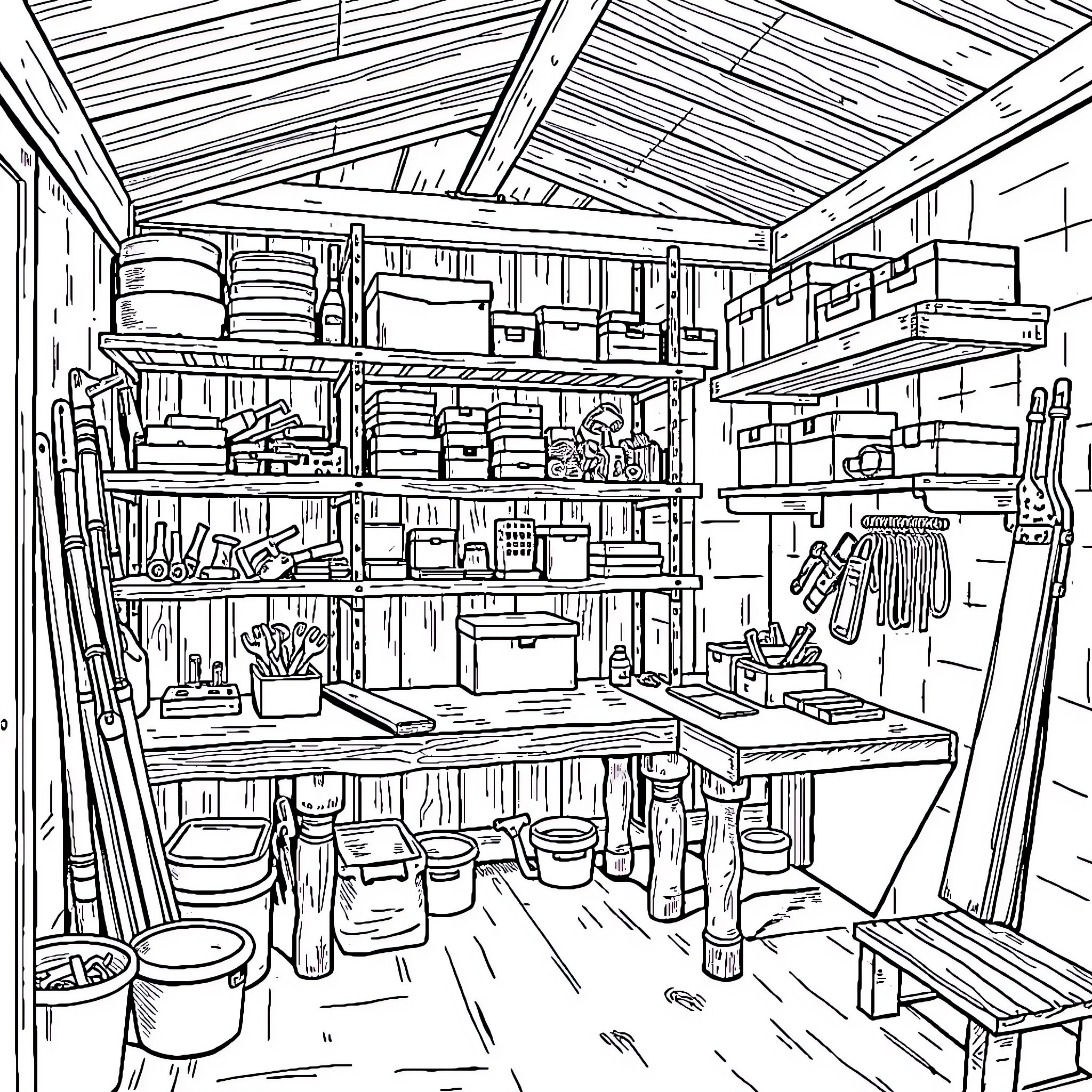 Shed full of various tools and supplies Coloring Page (free black-and-white line drawing printable PDF for all, from beginners to advanced learners, including children, teens, adults, and seniors)