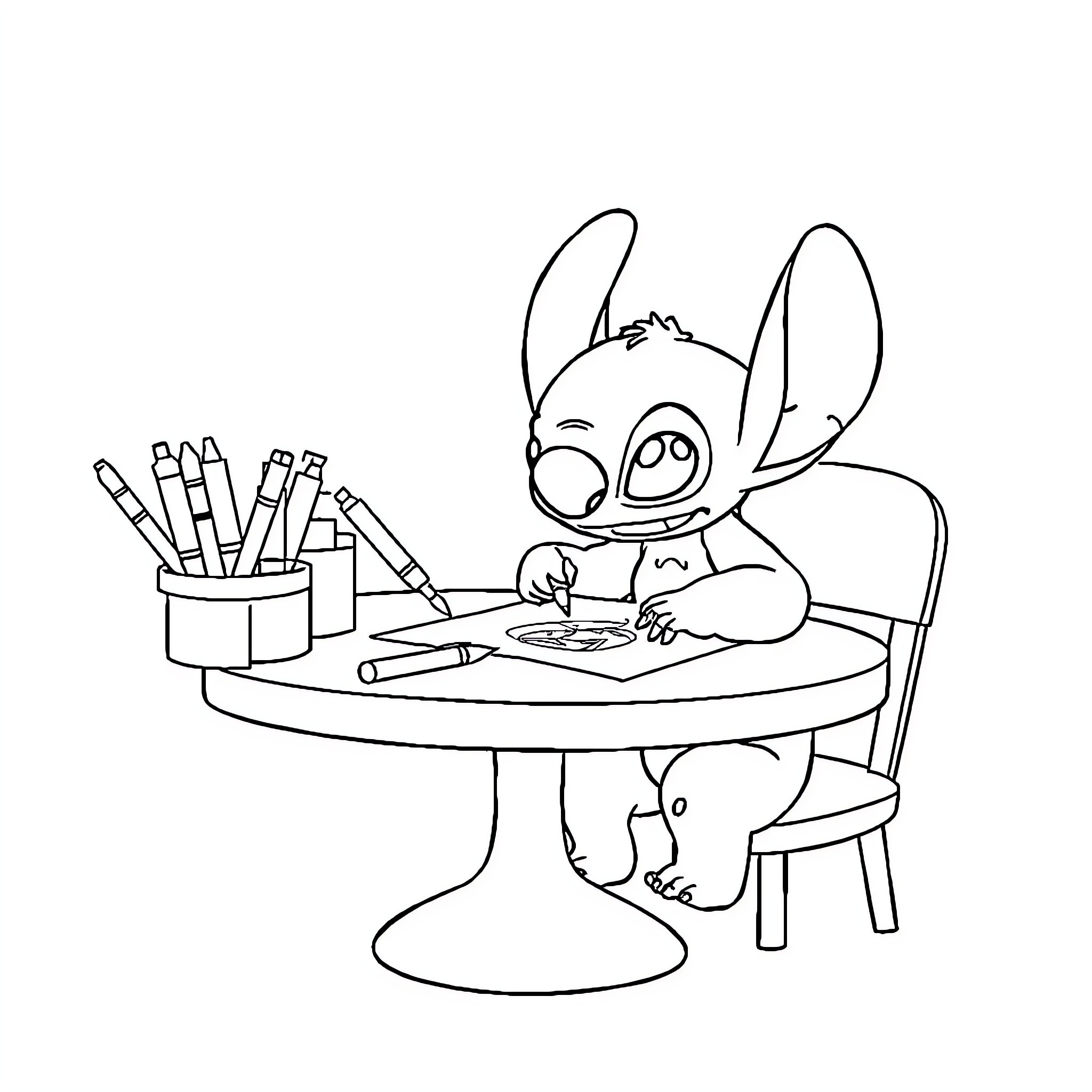 Stitch Coloring and Doodling at Desk Coloring Page (free black-and-white line drawing printable PDF for all, from beginners to advanced learners, including children, teens, adults, and seniors)