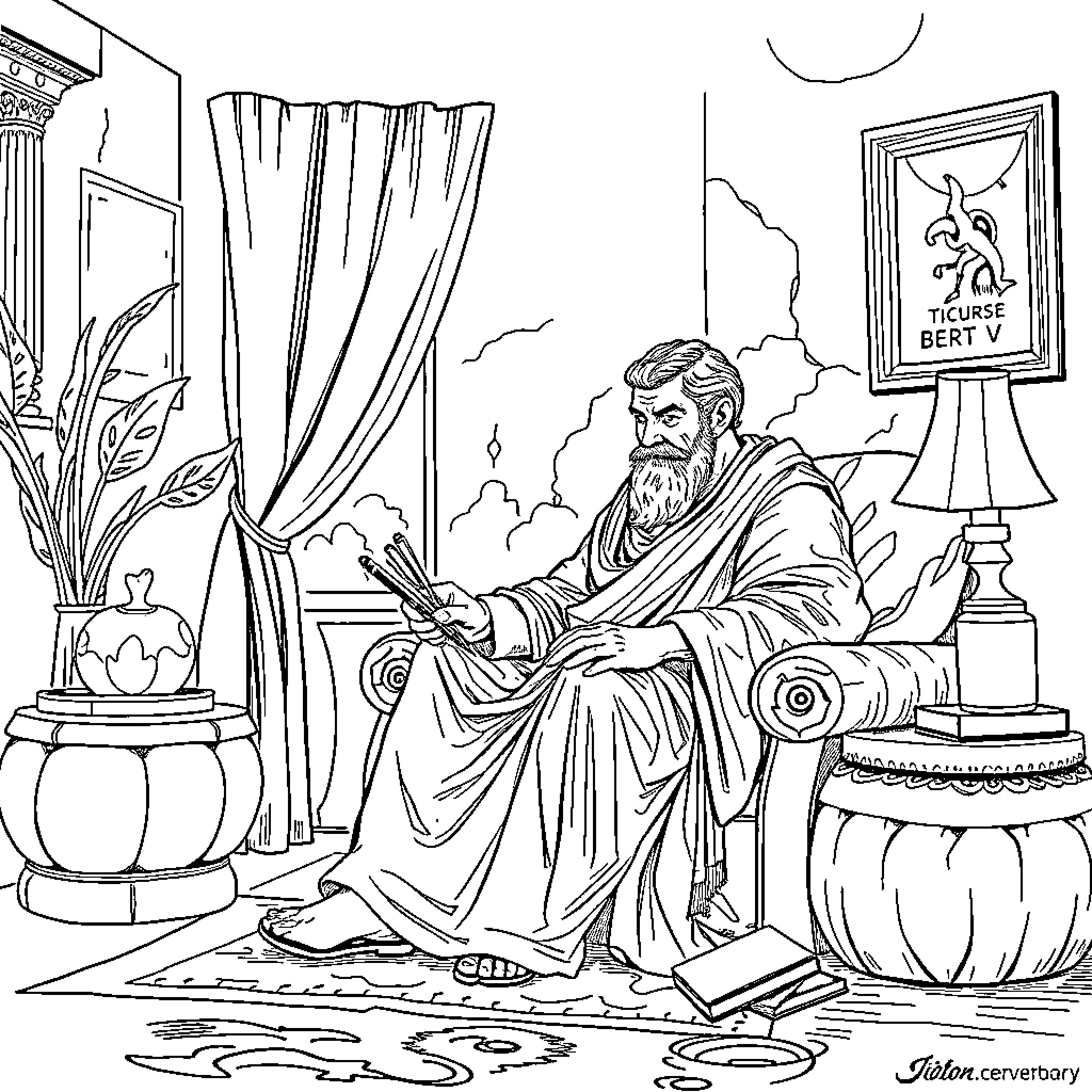 Aeschylus contemplating his literary works in a study Coloring Page (free black-and-white line drawing printable PDF for all, from beginners to advanced learners, including children, teens, adults, and seniors)