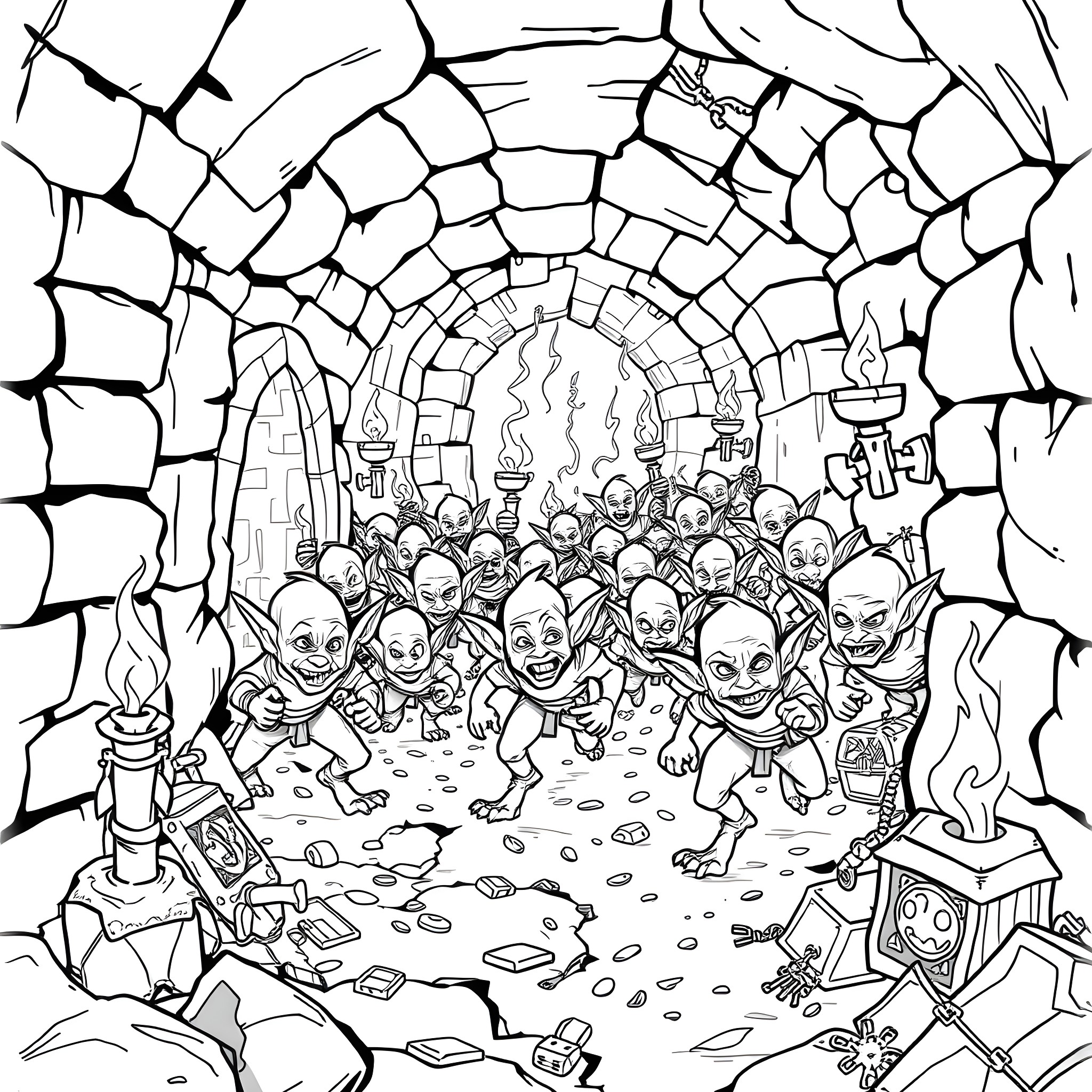 Goblin Goblins Gathering in a Cavernous Lair Coloring Page (free black-and-white line drawing printable PDF for all, from beginners to advanced learners, including children, teens, adults, and seniors)