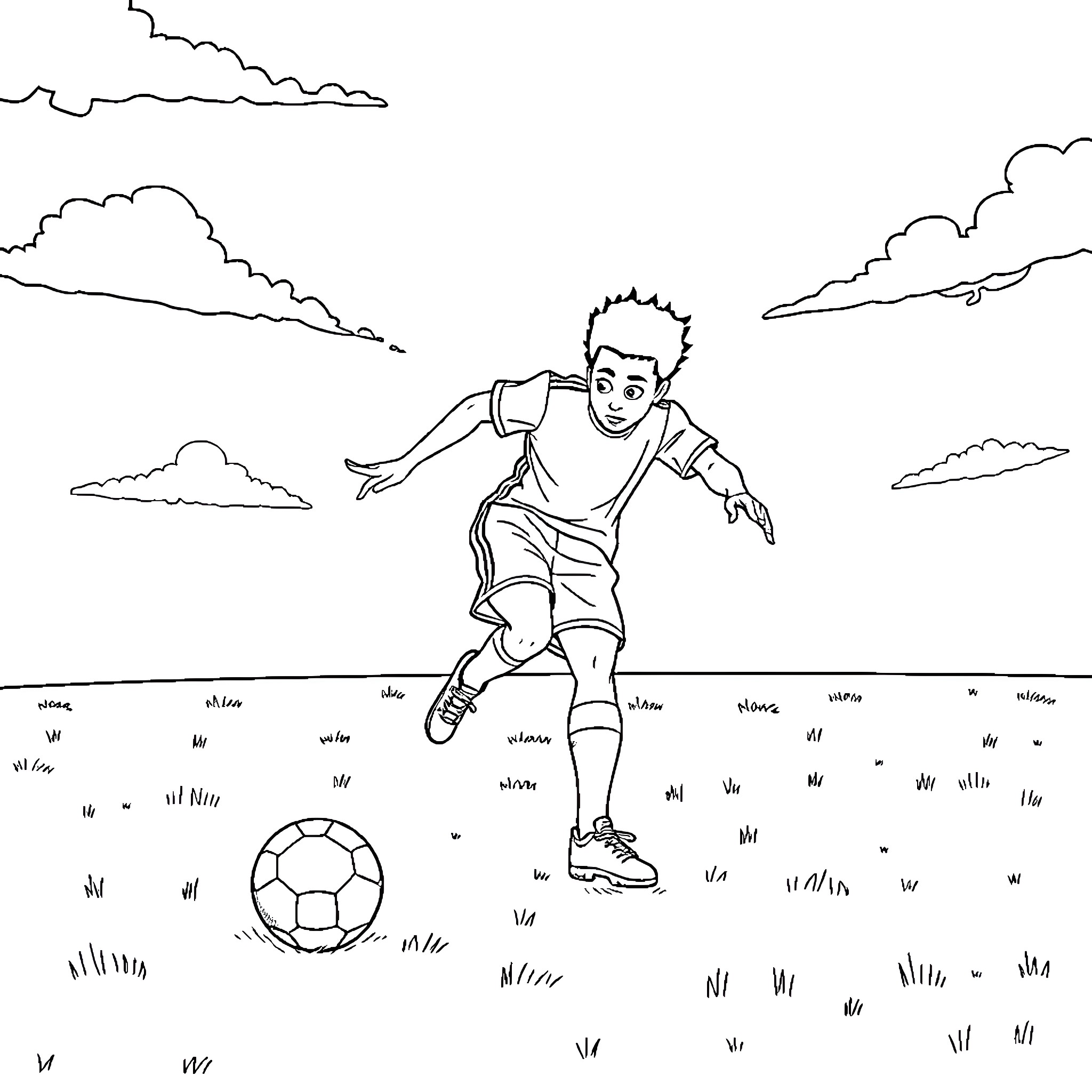 Miles Morales playing soccer on the field Coloring Page (free black-and-white line drawing printable PDF for all, from beginners to advanced learners, including children, teens, adults, and seniors)
