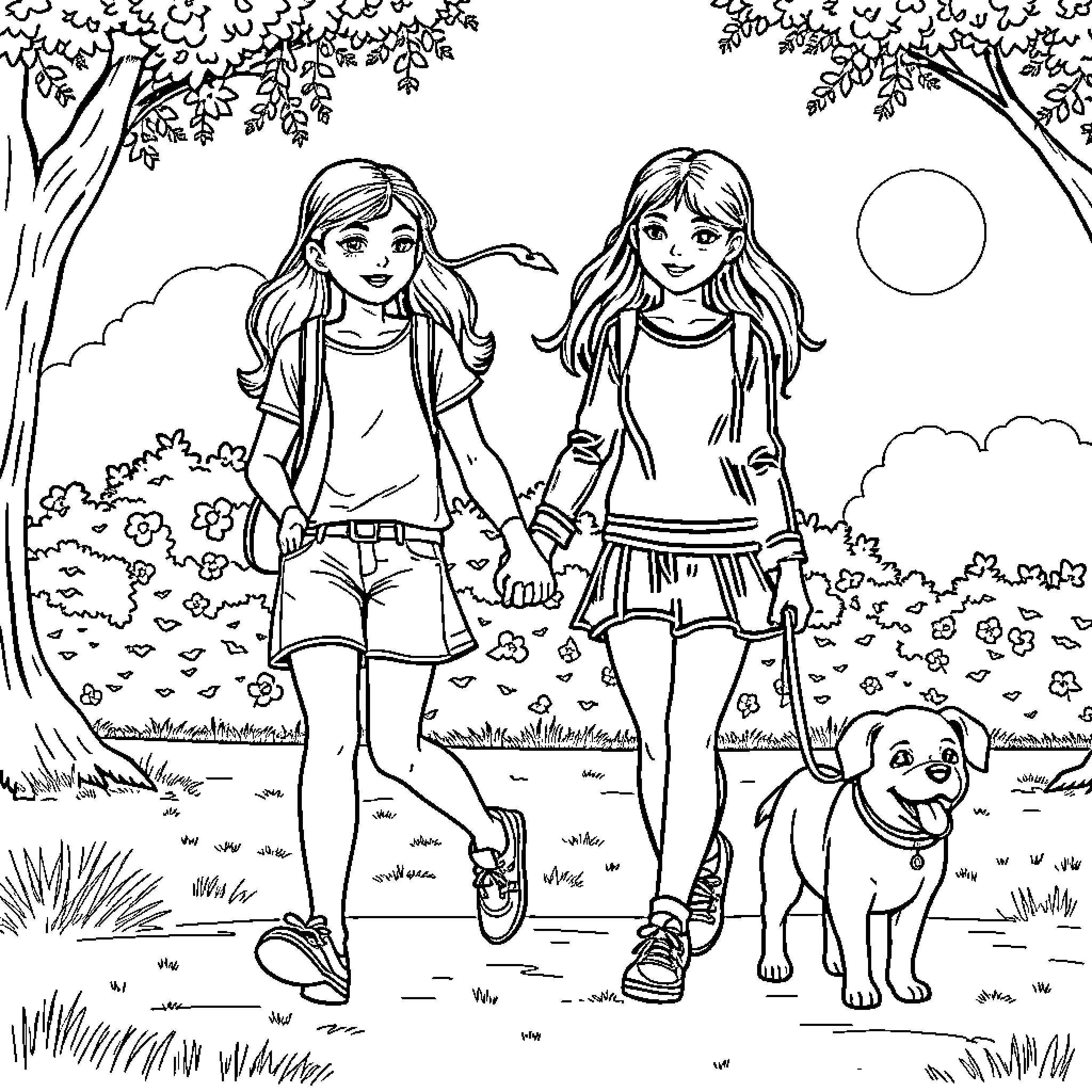 Girls enjoying outdoor adventure with pet dog Coloring Page (free black-and-white line drawing printable PDF for all, from beginners to advanced learners, including children, teens, adults, and seniors)