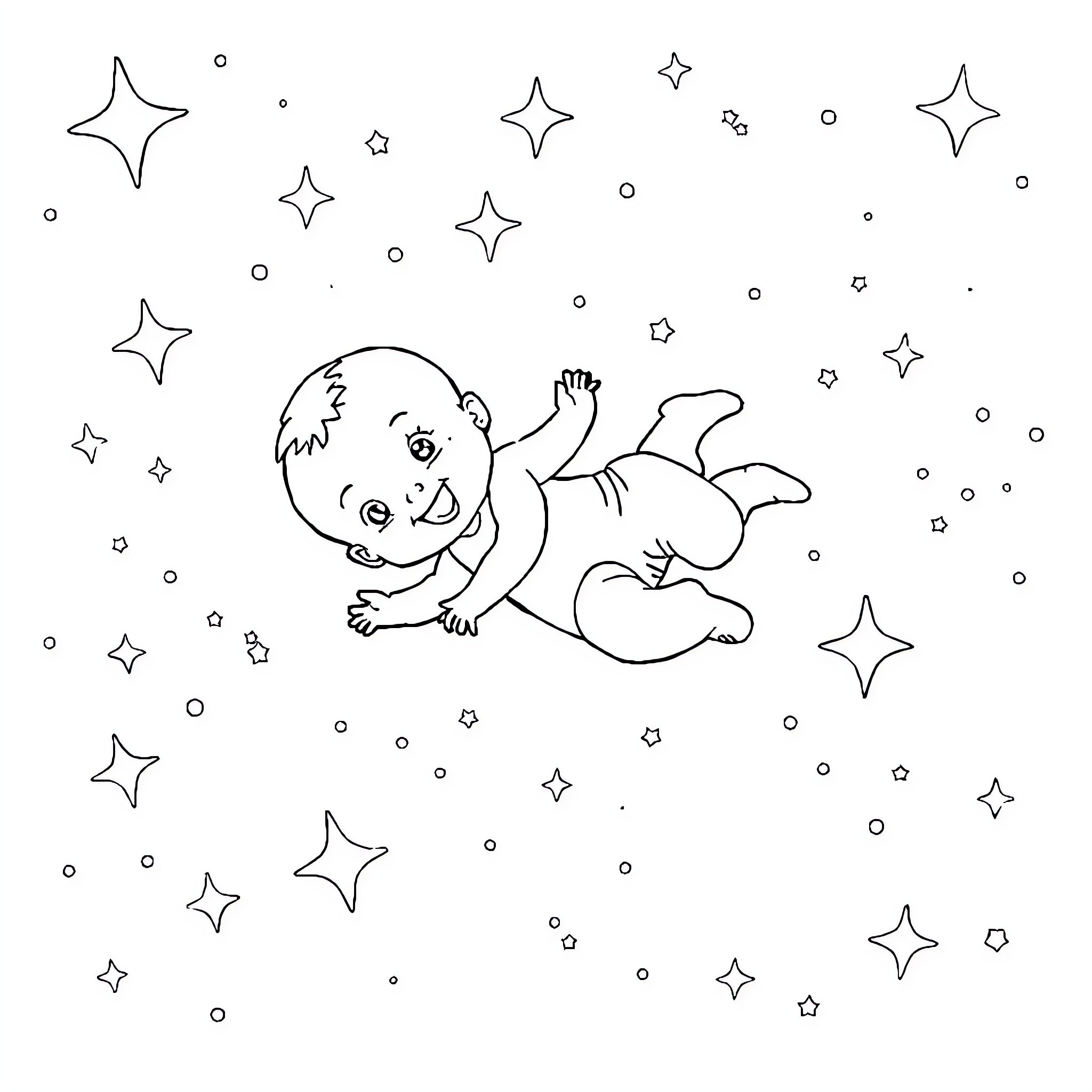 Baby Floating in Starry Cosmos Coloring Page (free black-and-white line drawing printable PDF for all, from beginners to advanced learners, including children, teens, adults, and seniors)