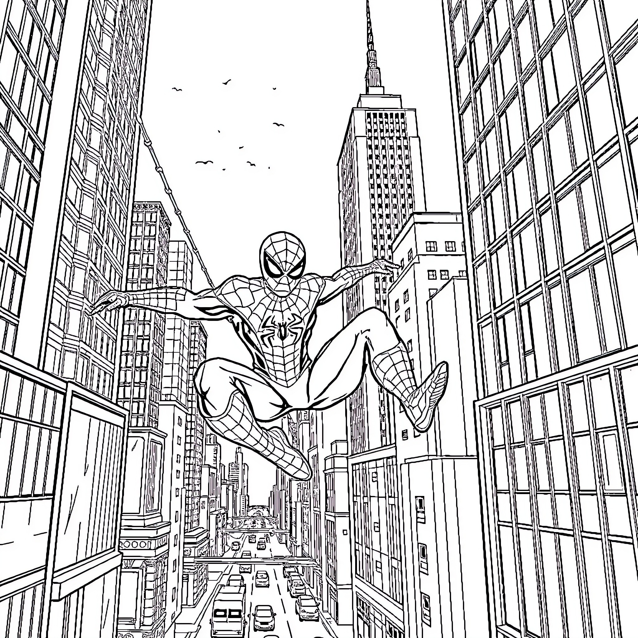 Spider-Man swinging through the city skyline Coloring Page (free black-and-white line drawing printable PDF for all, from beginners to advanced learners, including children, teens, adults, and seniors)
