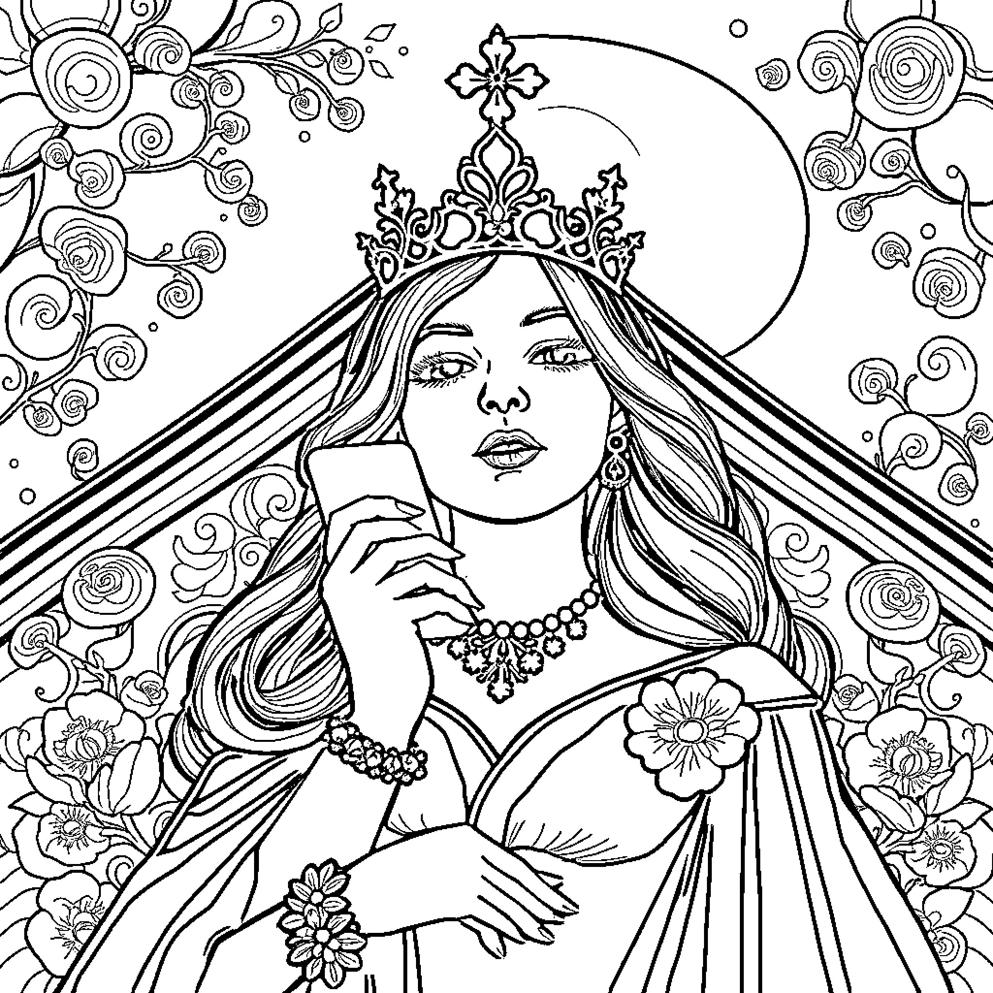 Queen in Elegant Regalia Surrounded by Flowers Coloring Page (free black-and-white line drawing printable PDF for all, from beginners to advanced learners, including children, teens, adults, and seniors)
