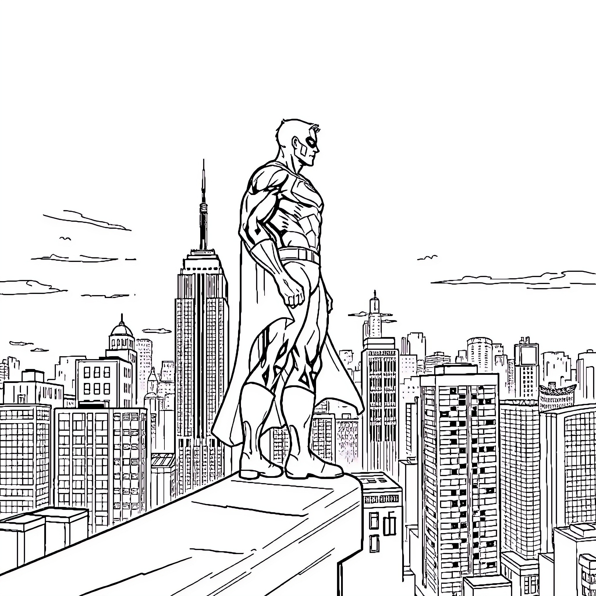 Superhero overlooking the city skyline Coloring Page (free black-and-white line drawing printable PDF for all, from beginners to advanced learners, including children, teens, adults, and seniors)
