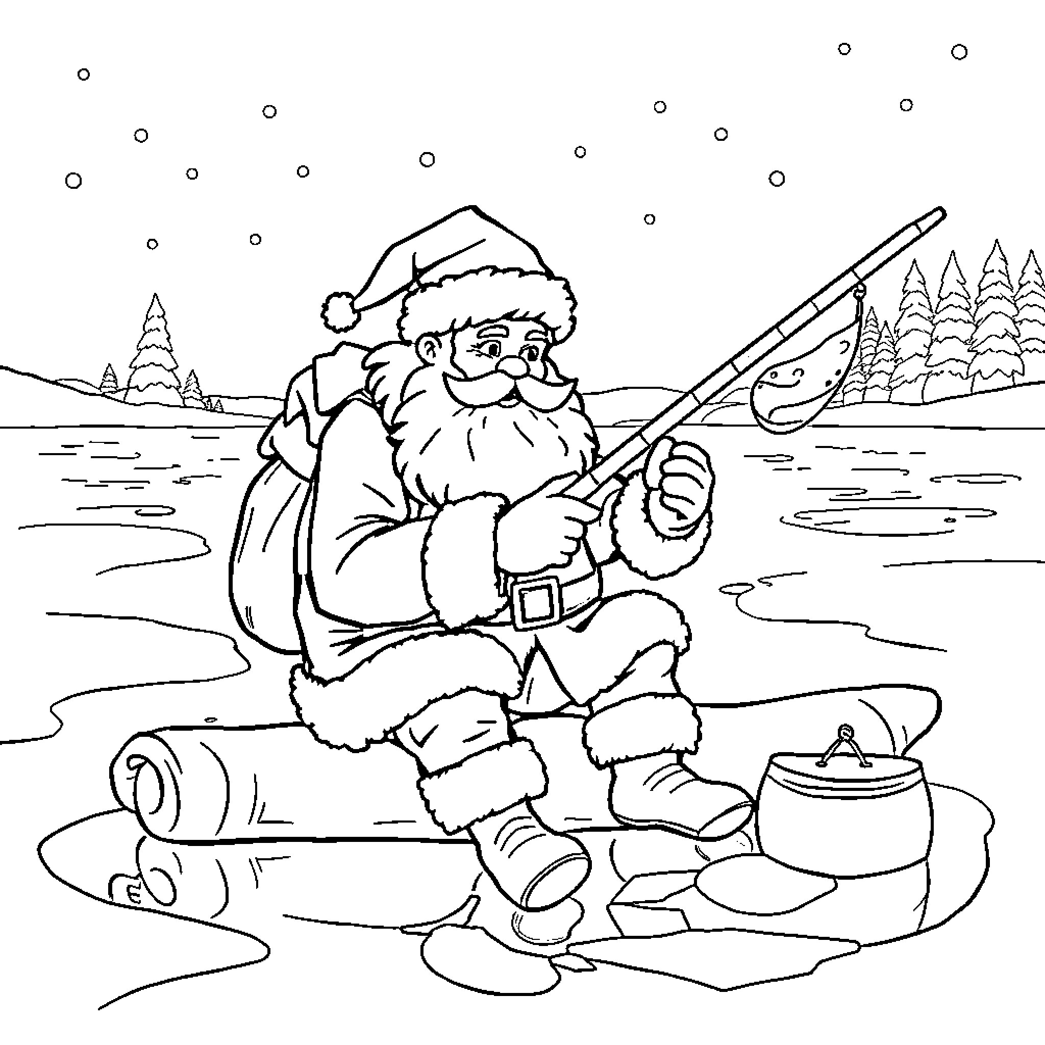 Santa fishing in a winter wonderland Coloring Page (free black-and-white line drawing printable PDF for all, from beginners to advanced learners, including children, teens, adults, and seniors)
