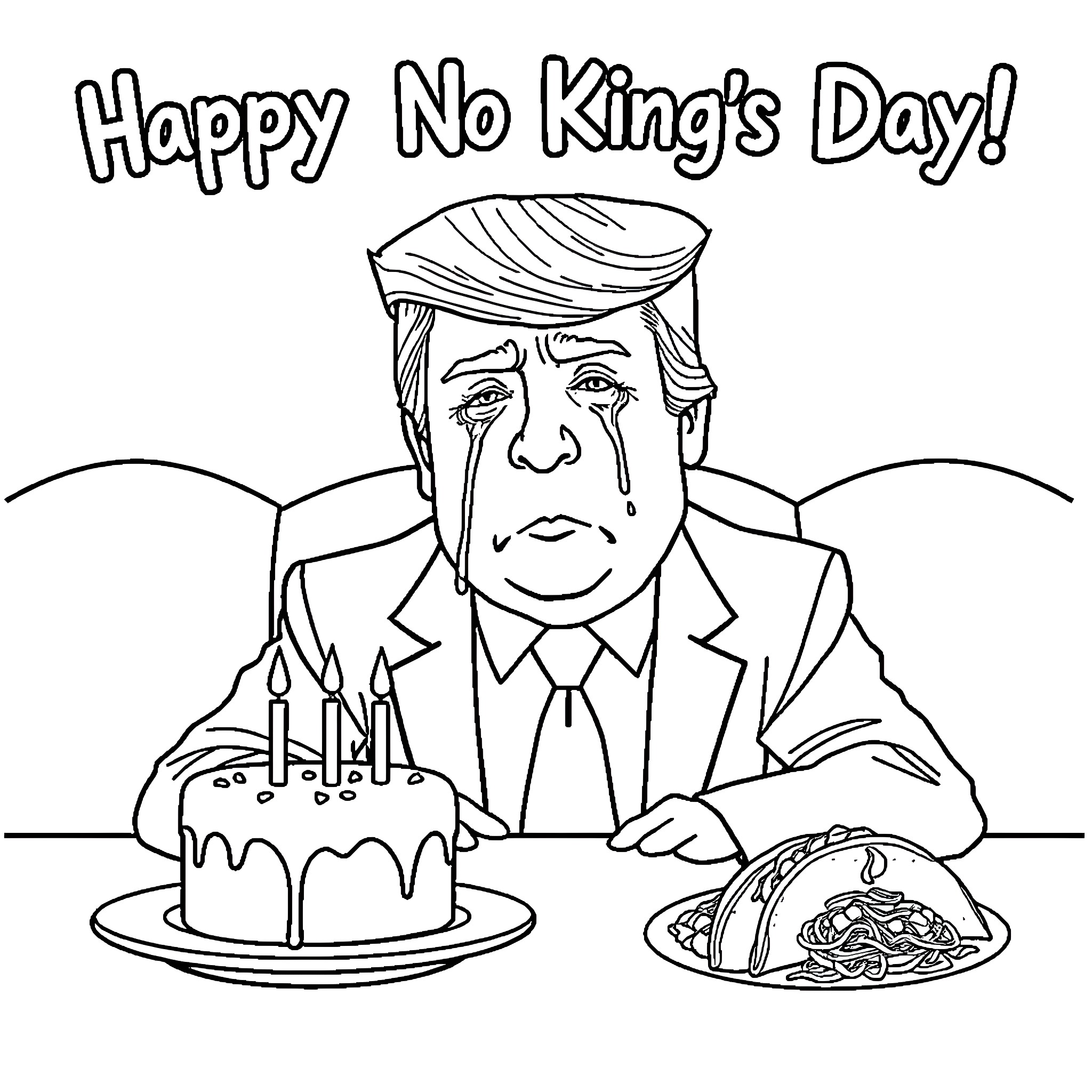 Donald Trump unhappily celebrating No King's Day Coloring Page (free black-and-white line drawing printable PDF for all, from beginners to advanced learners, including children, teens, adults, and seniors)
