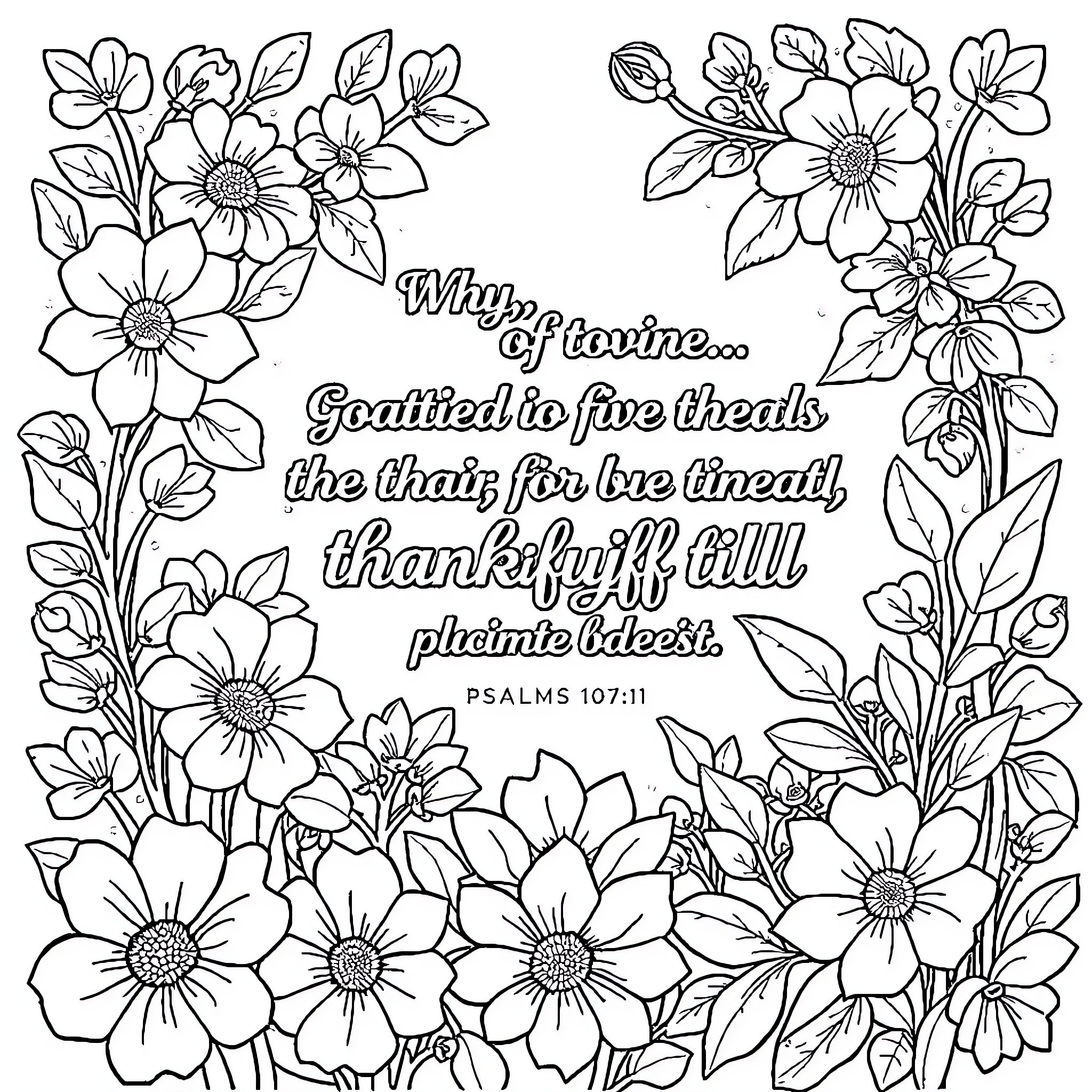 Thanksgiving Floral Arrangement with Bible Verse Coloring Page (free black-and-white line drawing printable PDF for all, from beginners to advanced learners, including children, teens, adults, and seniors)