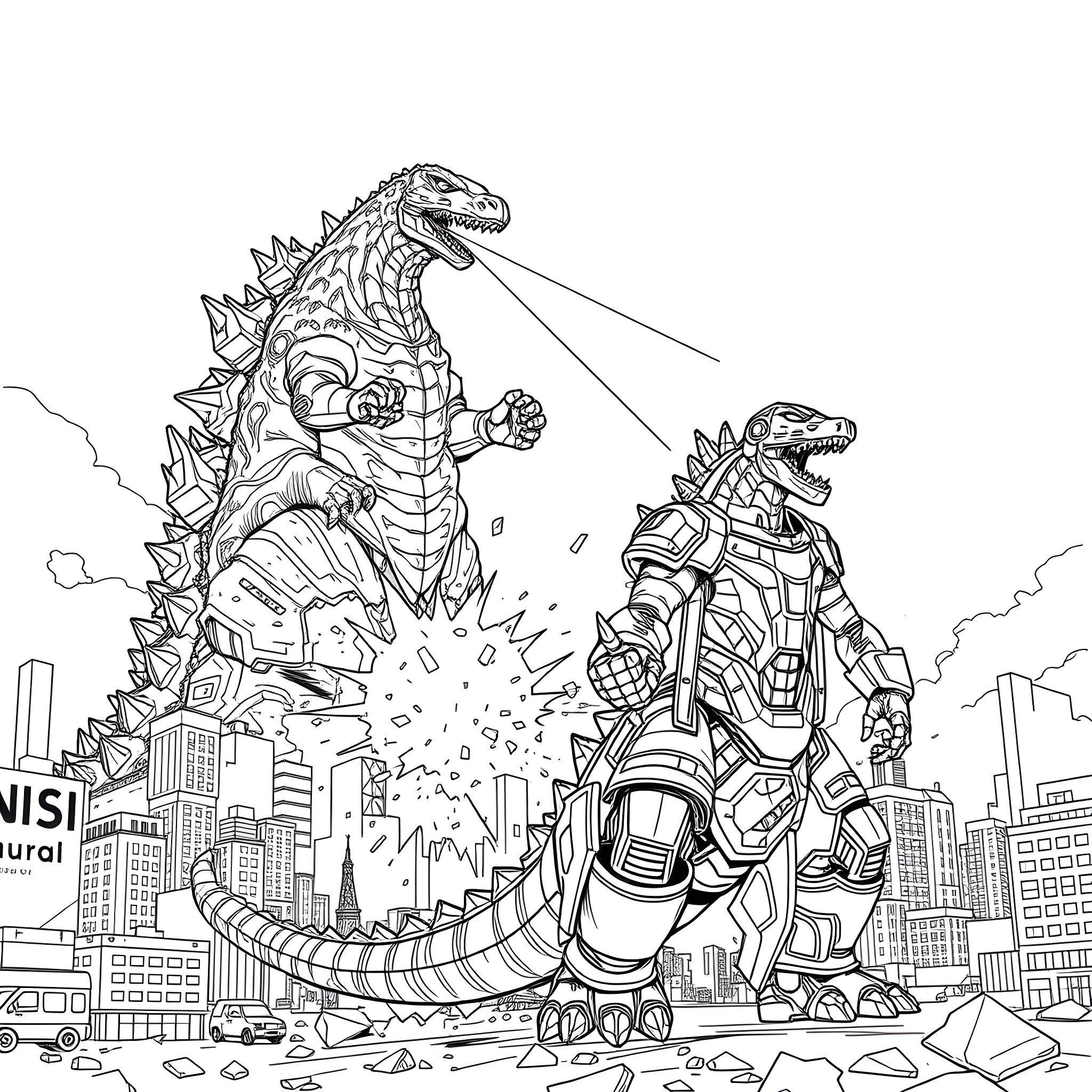 Godzilla monsters battling in the city Coloring Page (free black-and-white line drawing printable PDF for all, from beginners to advanced learners, including children, teens, adults, and seniors)