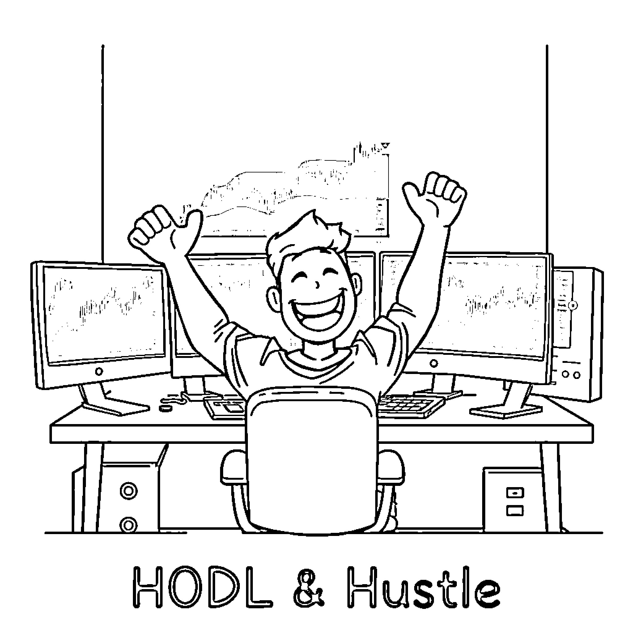 Person celebrating successful trading with computers Coloring Page (free black-and-white line drawing printable PDF for all, from beginners to advanced learners, including children, teens, adults, and seniors)