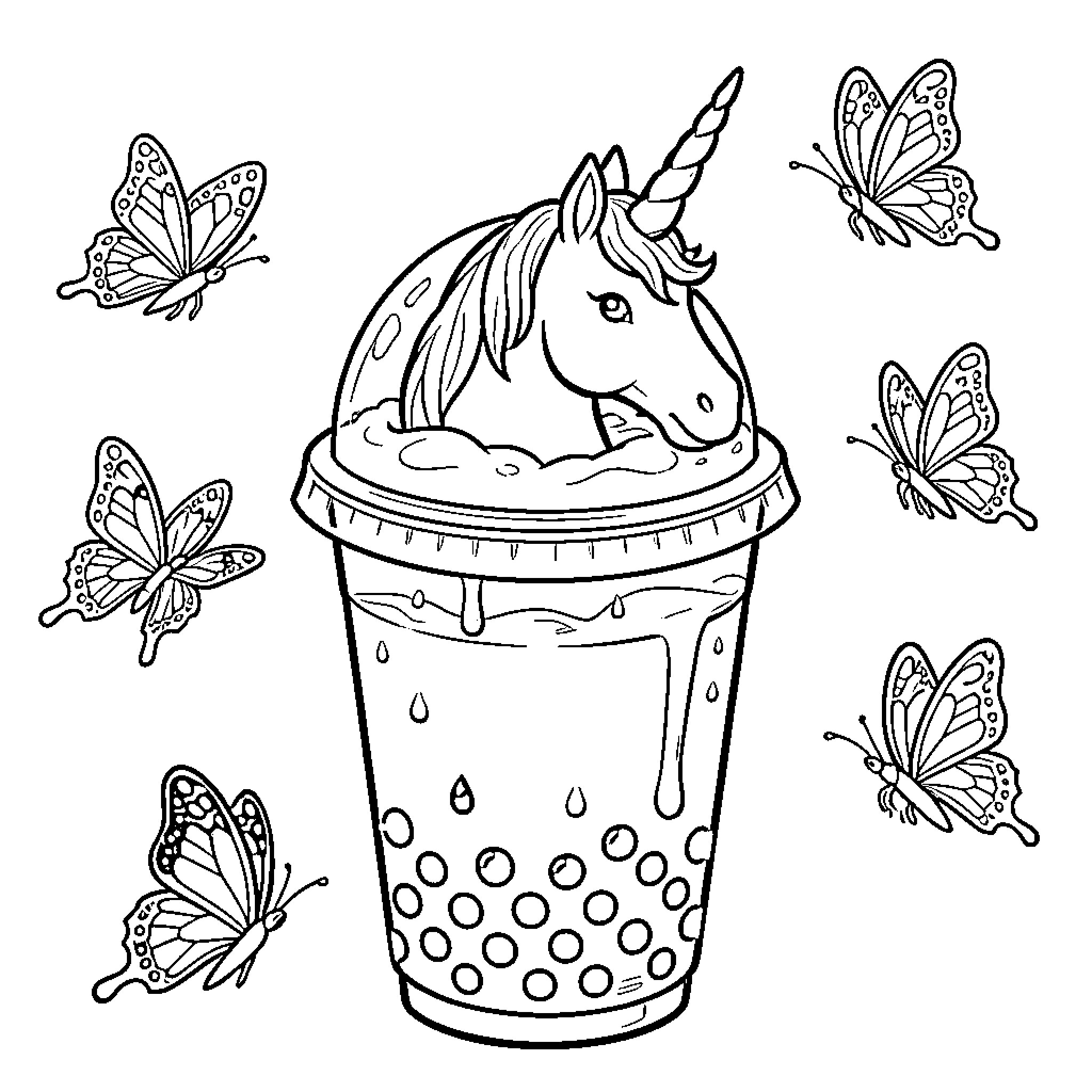 Bubble Tea featuring a unicorn surrounded by flying butterflies Coloring Page (free black-and-white line drawing printable PDF for all, from beginners to advanced learners, including children, teens, adults, and seniors)
