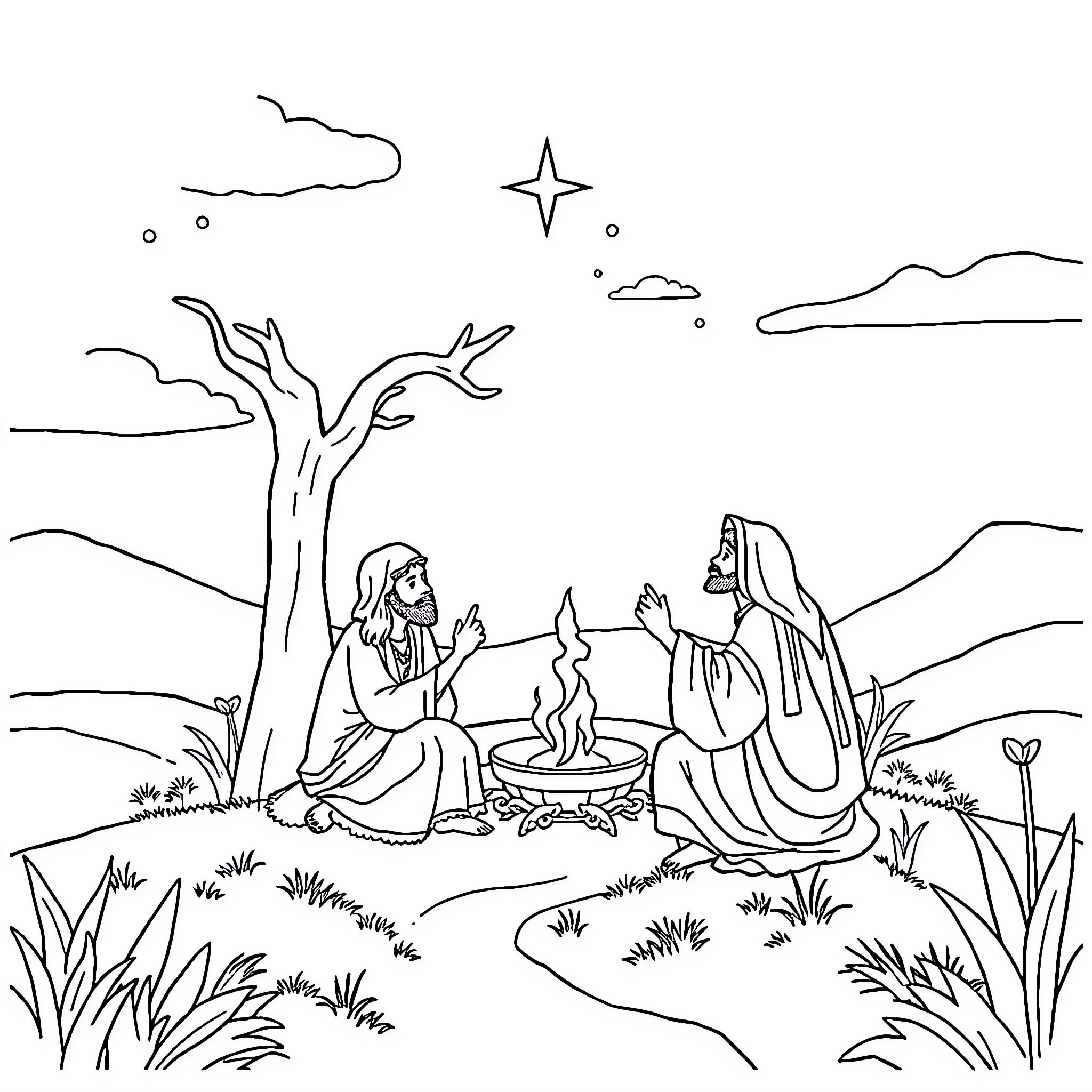 Bible scene of two figures by a campfire Coloring Page (free black-and-white line drawing printable PDF for all, from beginners to advanced learners, including children, teens, adults, and seniors)
