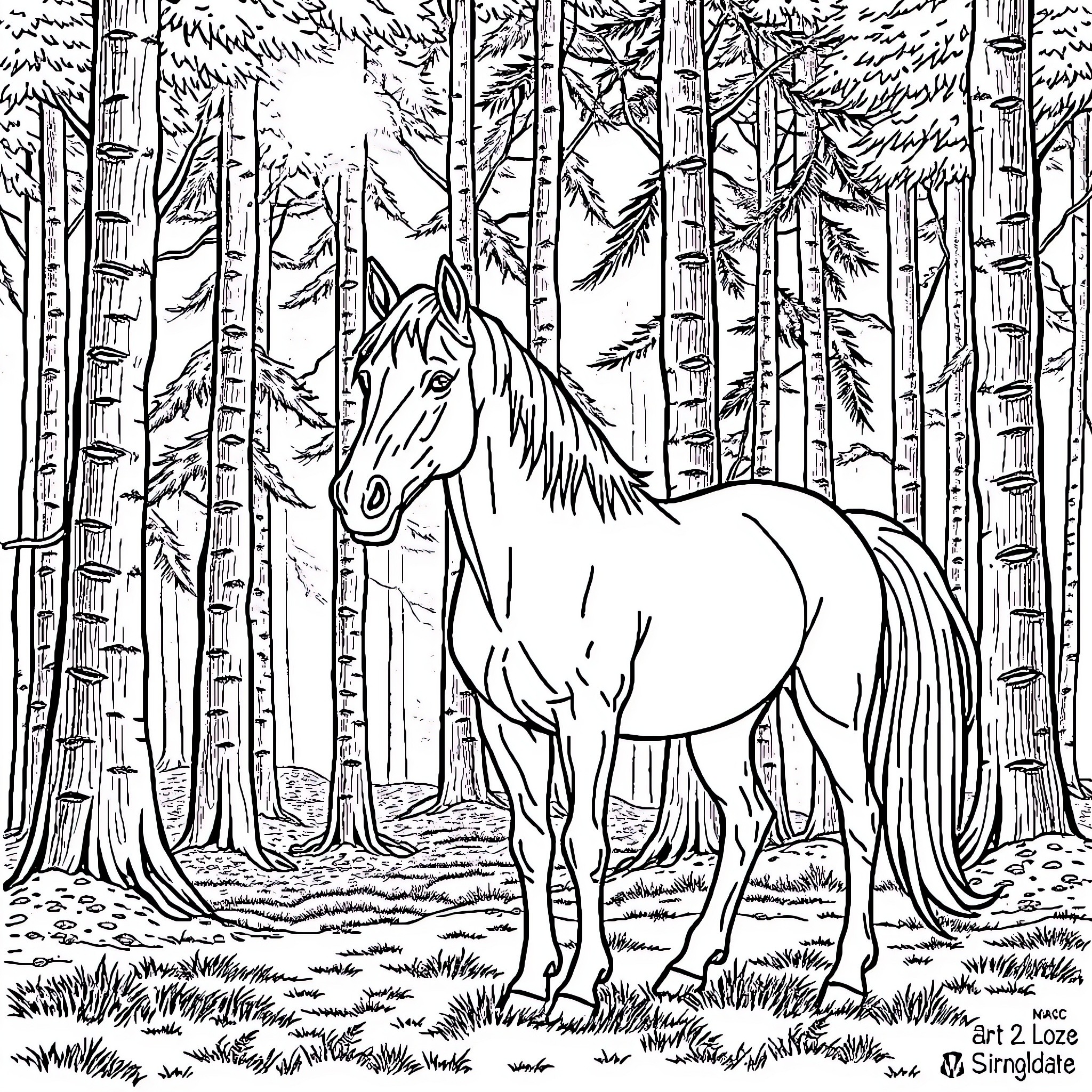 Horse standing in the forest Coloring Page (free black-and-white line drawing printable PDF for all, from beginners to advanced learners, including children, teens, adults, and seniors)