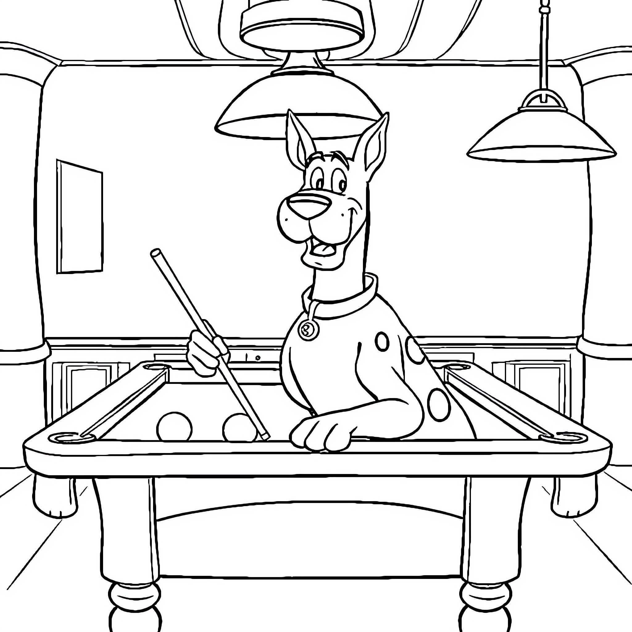 Scooby Doo playing pool at the table Coloring Page (free black-and-white line drawing printable PDF for all, from beginners to advanced learners, including children, teens, adults, and seniors)