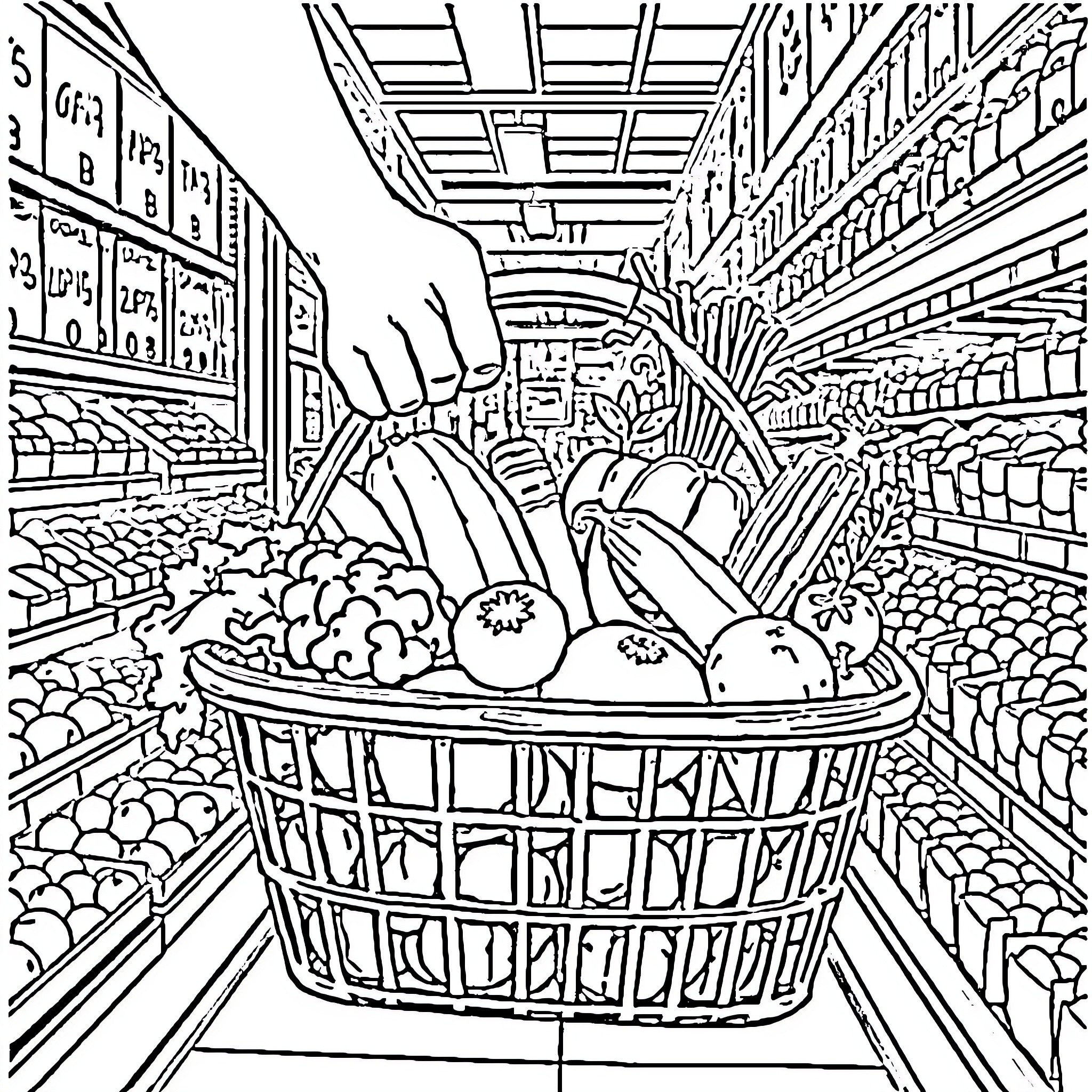 Hand Pushing Grocery Cart Full of Produce Coloring Page (free black-and-white line drawing printable PDF for all, from beginners to advanced learners, including children, teens, adults, and seniors)