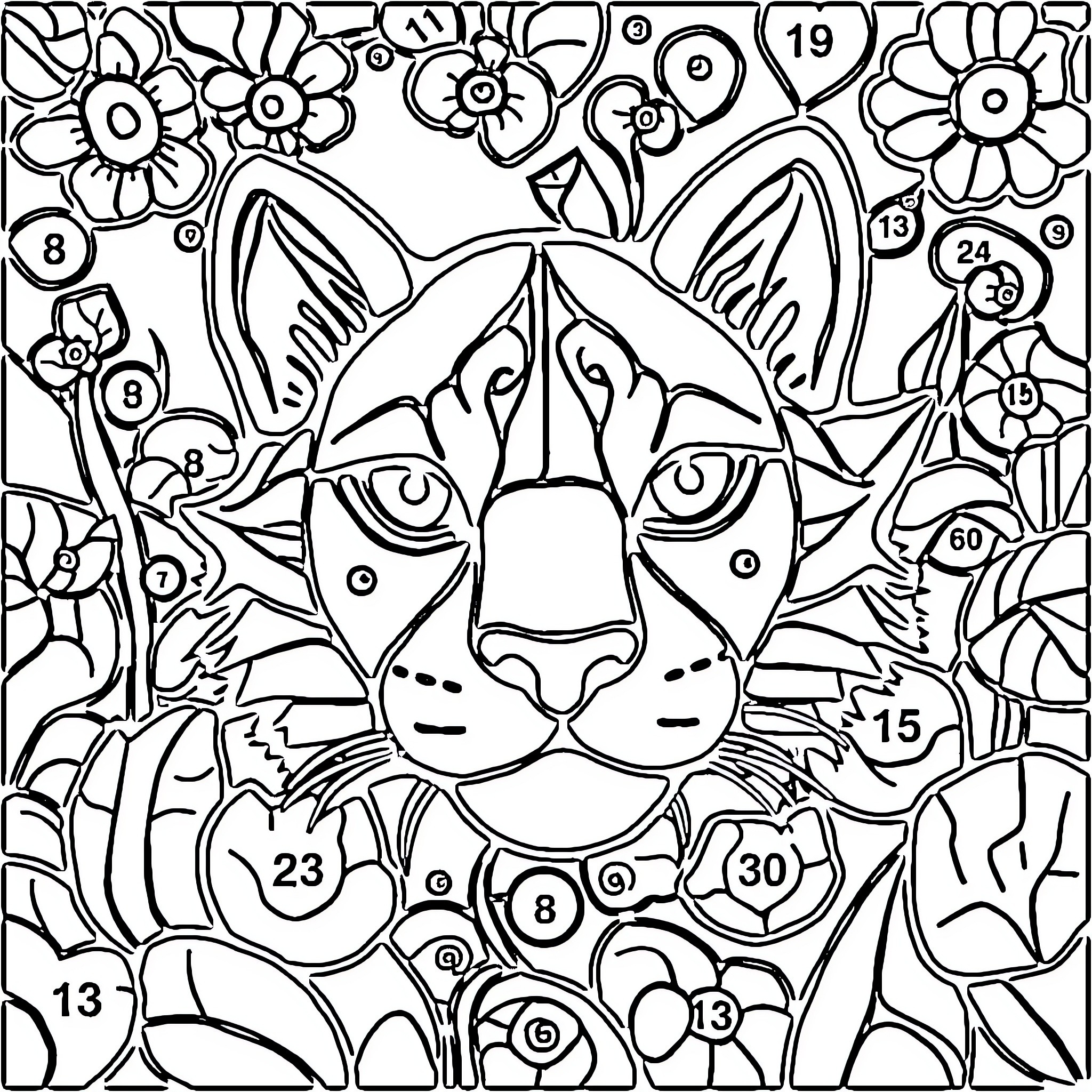 Color By Number Vibrant Animal Illustration Coloring Page (free black-and-white line drawing printable PDF for all, from beginners to advanced learners, including children, teens, adults, and seniors)