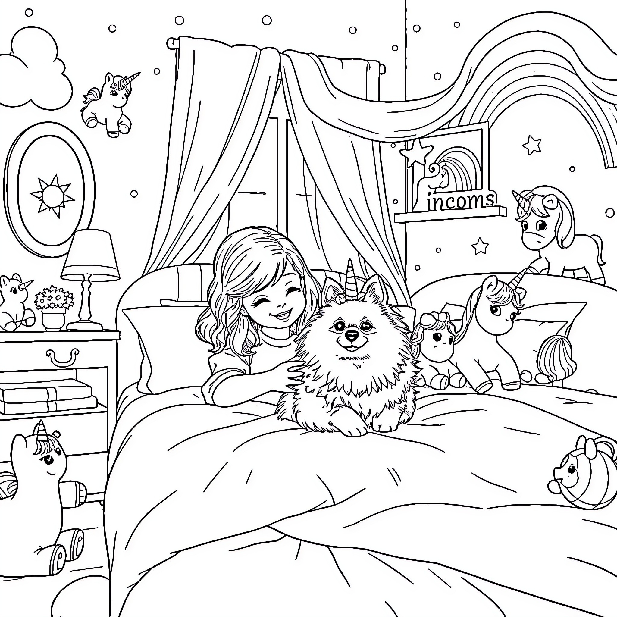 Girl playing with plush toys in her bedroom Coloring Page (free black-and-white line drawing printable PDF for all, from beginners to advanced learners, including children, teens, adults, and seniors)