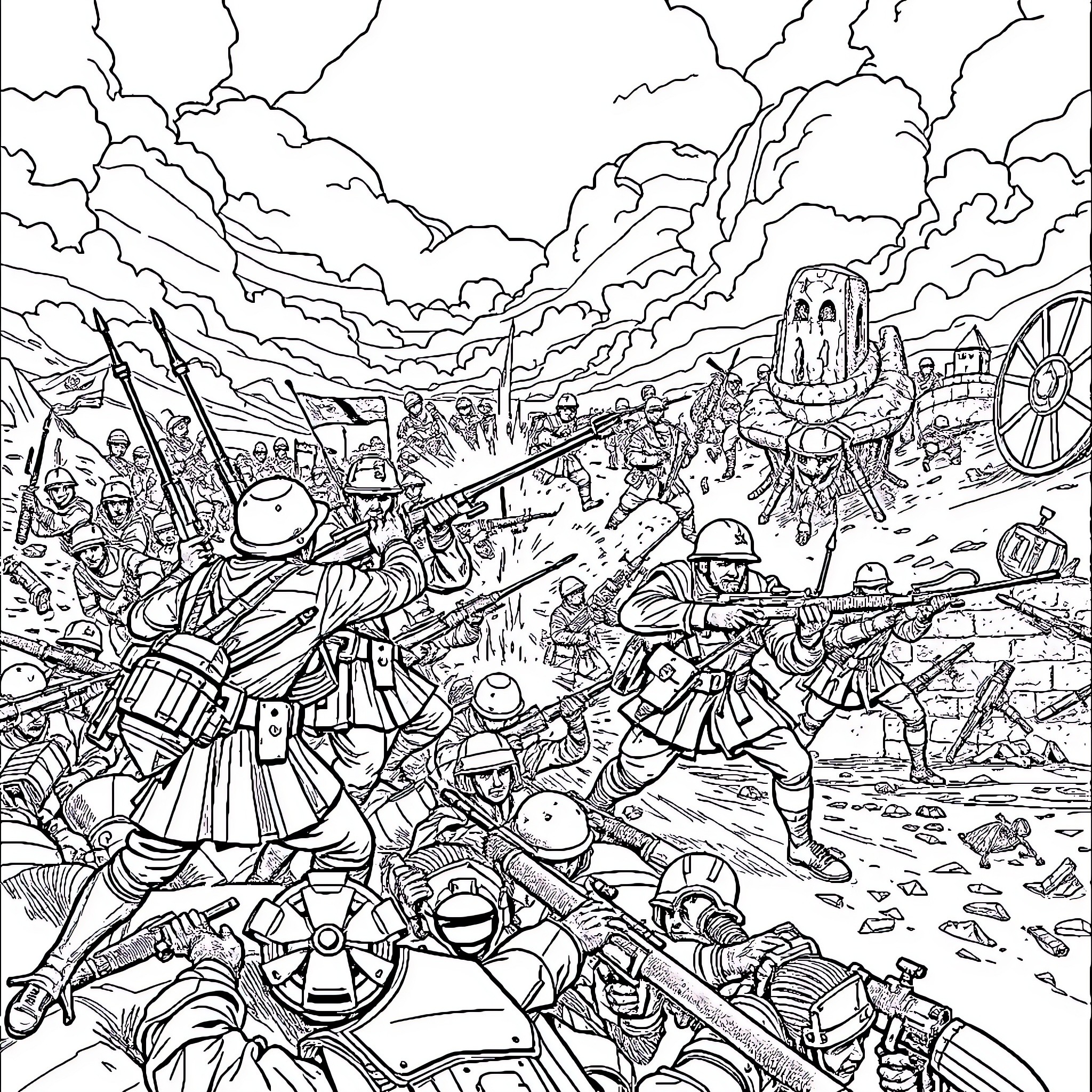 War Rages on the Battlefield with Soldiers, Weapons, and Chaos Coloring Page (free black-and-white line drawing printable PDF for all, from beginners to advanced learners, including children, teens, adults, and seniors)
