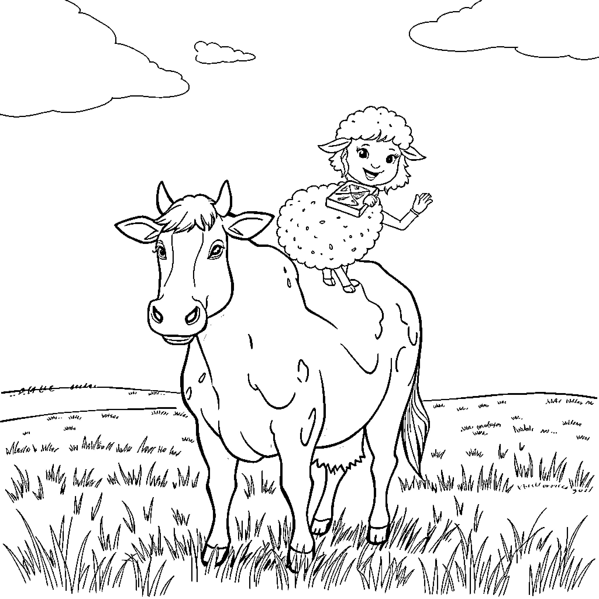 Cow and child exploring the countryside Coloring Page (free black-and-white line drawing printable PDF for all, from beginners to advanced learners, including children, teens, adults, and seniors)